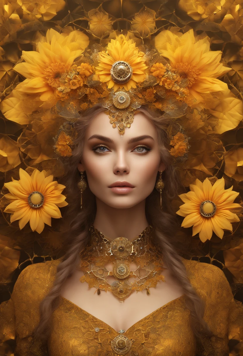 absurderes, A high resolution, Ultra detailed, (1girll:1.3), Fantasy steampunk costumes , Psychedelic, fractal patterns, geometric figure, Dynamic, Bright colors, (Flowers, petals), (Gold and yellow:1),