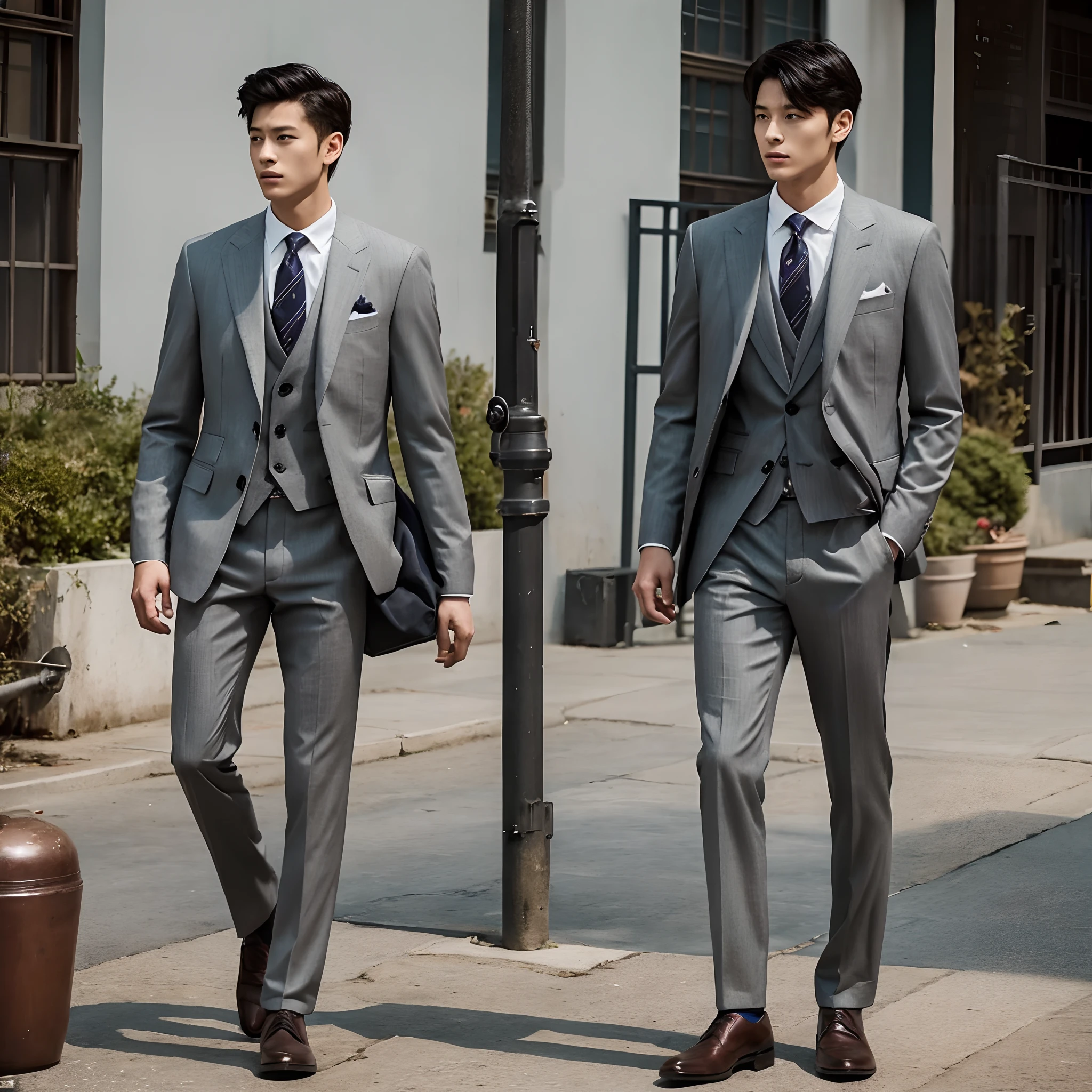 Gray suit、Strange thieves、High school students、167 cm、Type B、gentleman、Slim Fit Pants、cinematic shot、finely detailed background、1 male