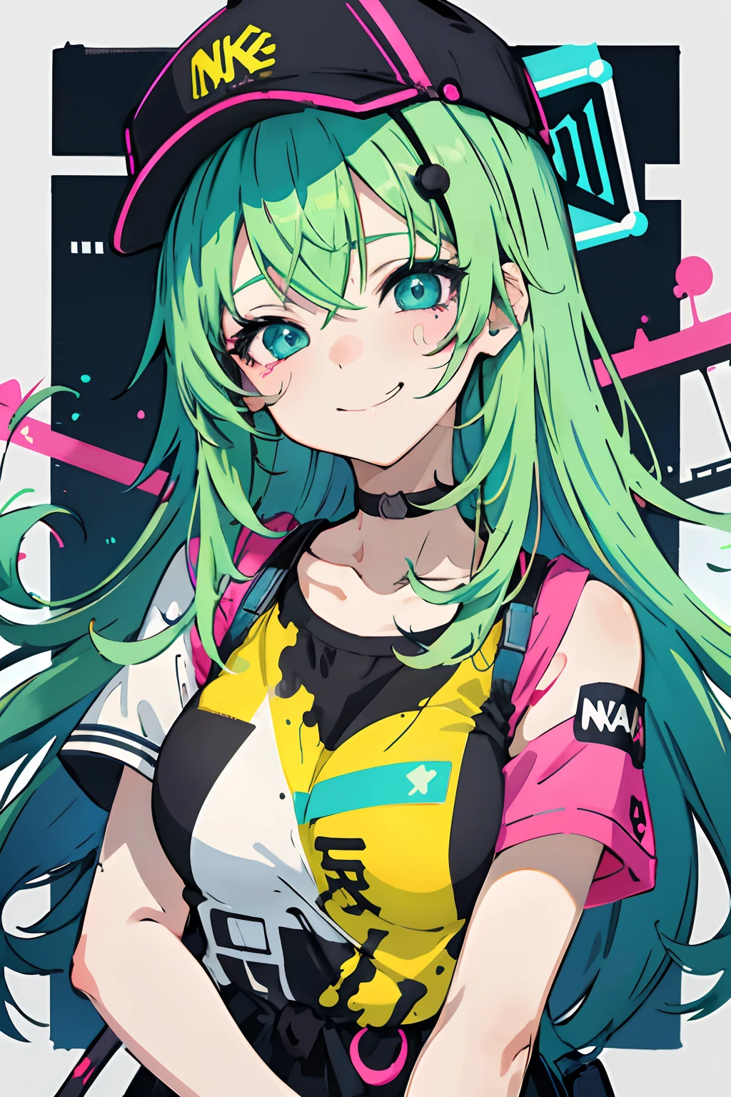 anime girl with a cap and a nask, green messy hair, street background in neon pink and blue colors, stickers, smirk face