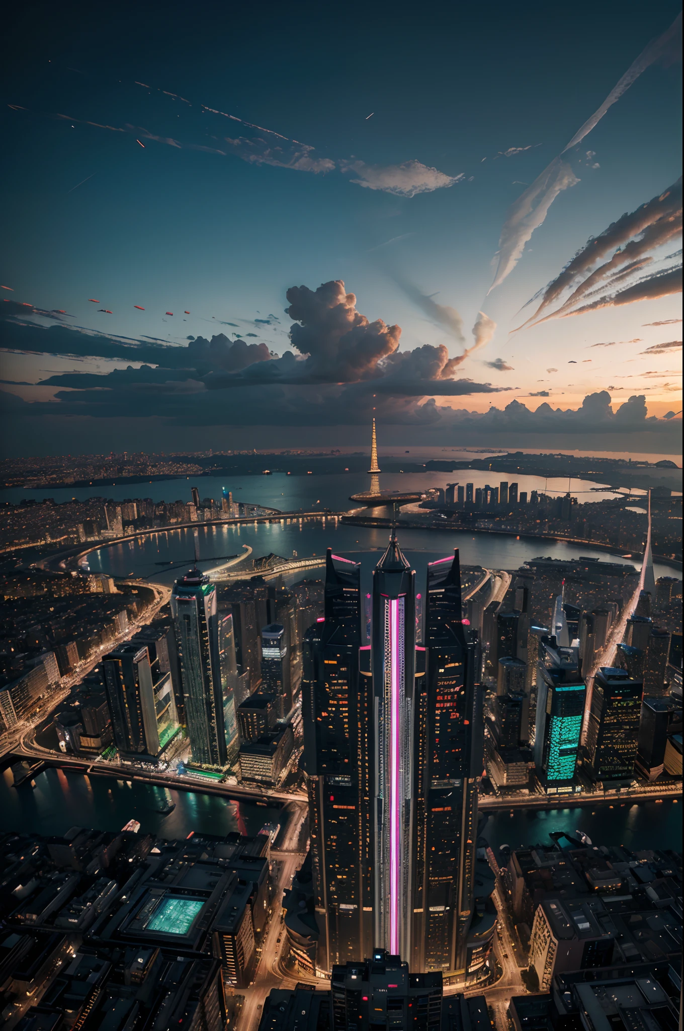 highest qualityr))、((obra maestra)、ciudad cyberpunk、Renderizado visto desde el aire