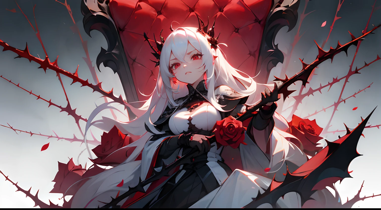 a throne,1个Giant Breast Girl,lots of roses,Thorns, red eyes,Fierce expression,White color hair,petals,sideface,The upper part of the body,Semi-dark, Semi-gloss,Support your face with one hand