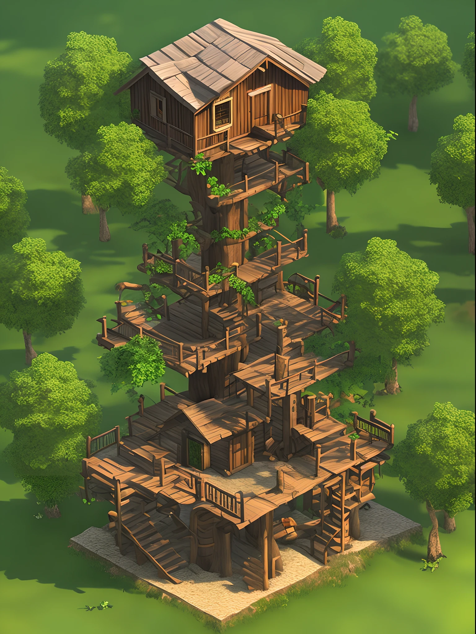 crie: Wooden Tree House, Isometric, On a tree with many bushes and branches, fundo preto