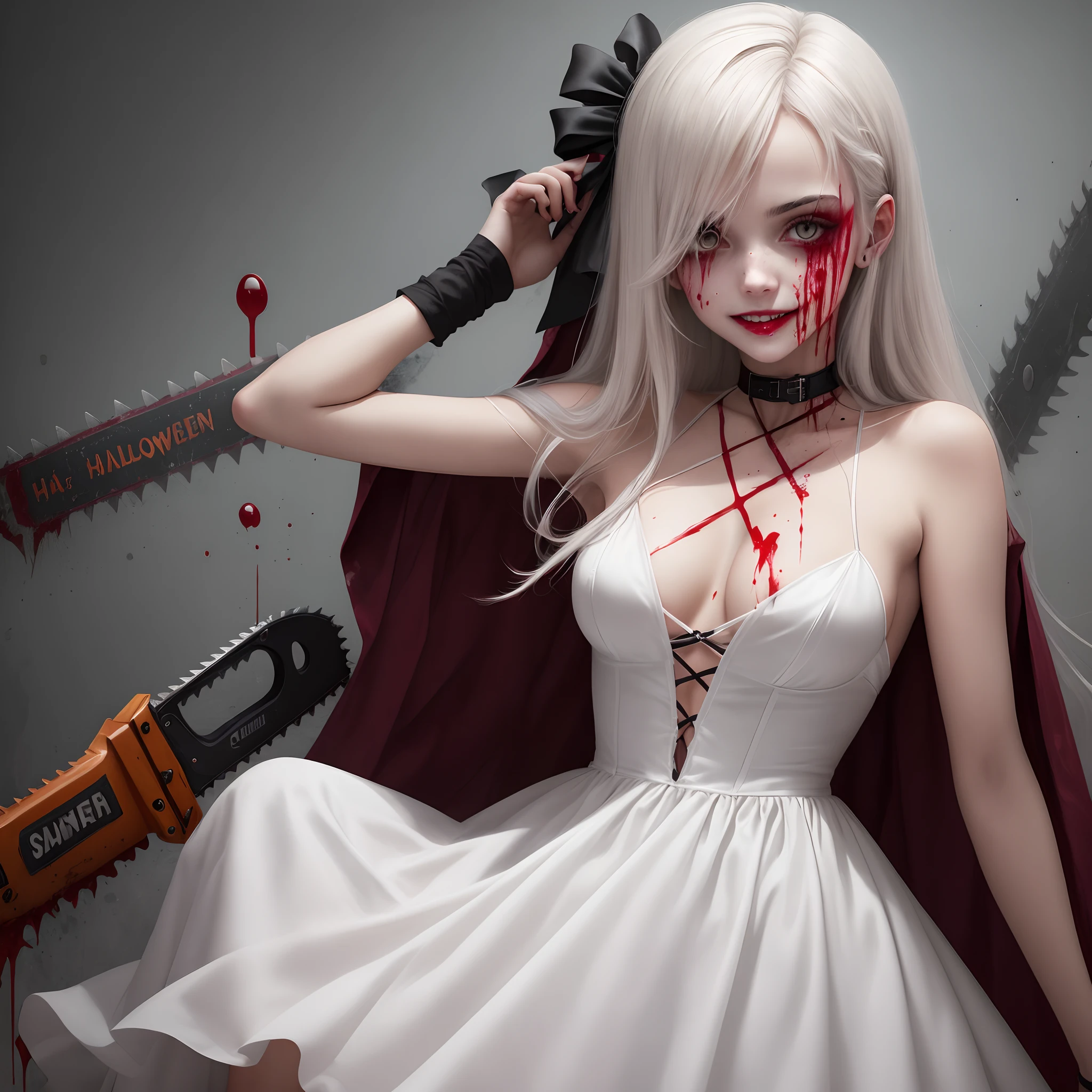 Halloween special: a psychopathic girl looking at the viewer wearing a very strange white dress, she's full of blood all over her face, she's holding a chainsaw, a scary and macabre smile, background full of blood