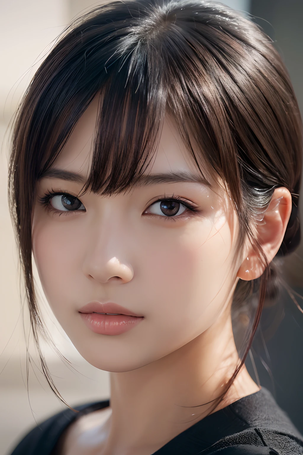 (masutepiece:1.3), (8K, Photorealistic, Raw photo, Best Quality: 1.4), Japanese, (1girl in), Beautiful face, (Realistic face), (Black hair), Beautiful hairstyle, Realistic eyes, Beautiful detailed eyes, (Realistic skin), Beautiful skin, Attractive, 超A high resolution, A hyper-realistic, Highly detailed, Golden ratio,