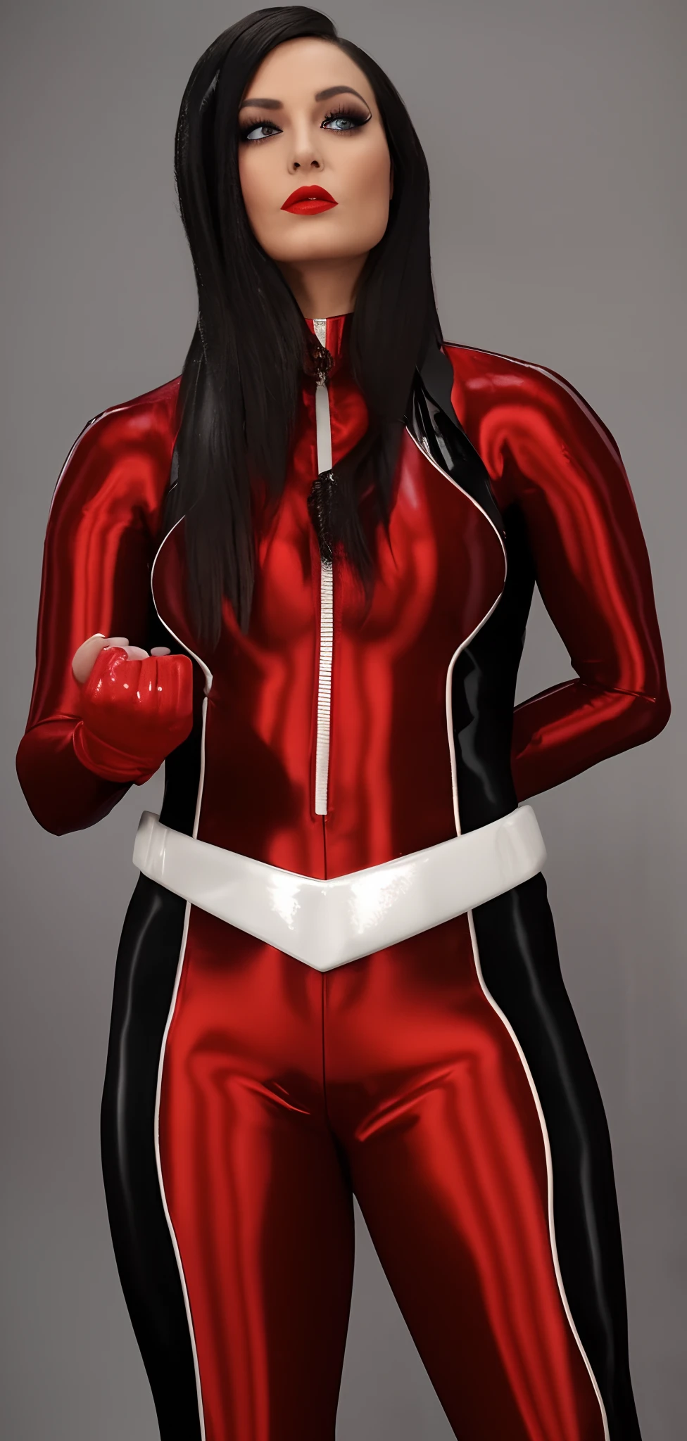 (Best quality,high resolucion),Une femme en costume rouge et noir posant pour une photo, mode, chic, confiant, professionnel, Detailed makeup, Detailed latex fit, detailed body ,bright red lipstick, cheveux longs et fluides, Poses frappantes, dans un studio professionnel, dramatic lighting, background dark, haute couture, charme, Regard intense, Fashionable accessories, Captivating presence, Elegant and powerful.