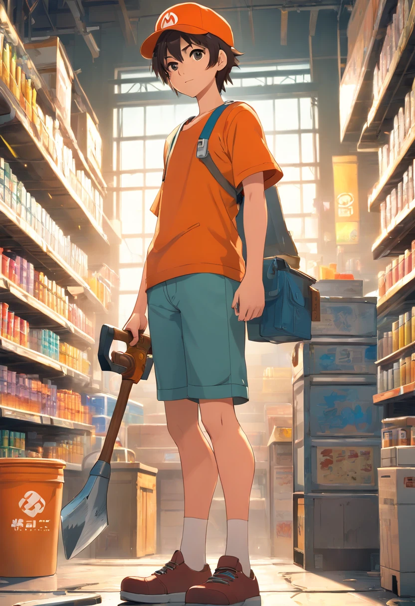 Cup-Head art style Luis Roya art style, graffiti full body illustration of an anthropomorphic hammer in silhouette, cosplaying Mario from Super Mario Bros, wearing Mario's iconic orange hat with the letter H, wearing a mario style shirt & orange home depot apron, worker pose, double exposure background lumber aisle with home depot logo, minimalistic, rtx, UHD, cell shading, 32k, ray tracing, well defined, comic, digital painting, cartoon, photorealistic, drawing, unreal engine, octane render, shaders, 4d