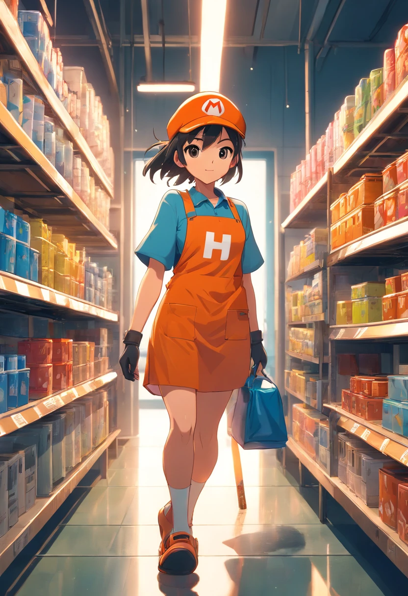 Cup-Head art style Luis Roya art style, graffiti full body illustration of an anthropomorphic hammer in silhouette, cosplaying Mario from Super Mario Bros, wearing Mario's iconic orange hat with the letter H, wearing a mario style shirt & orange home depot apron, worker pose, double exposure background lumber aisle with home depot logo, minimalistic, rtx, UHD, cell shading, 32k, ray tracing, well defined, comic, digital painting, cartoon, photorealistic, drawing, unreal engine, octane render, shaders, 4d