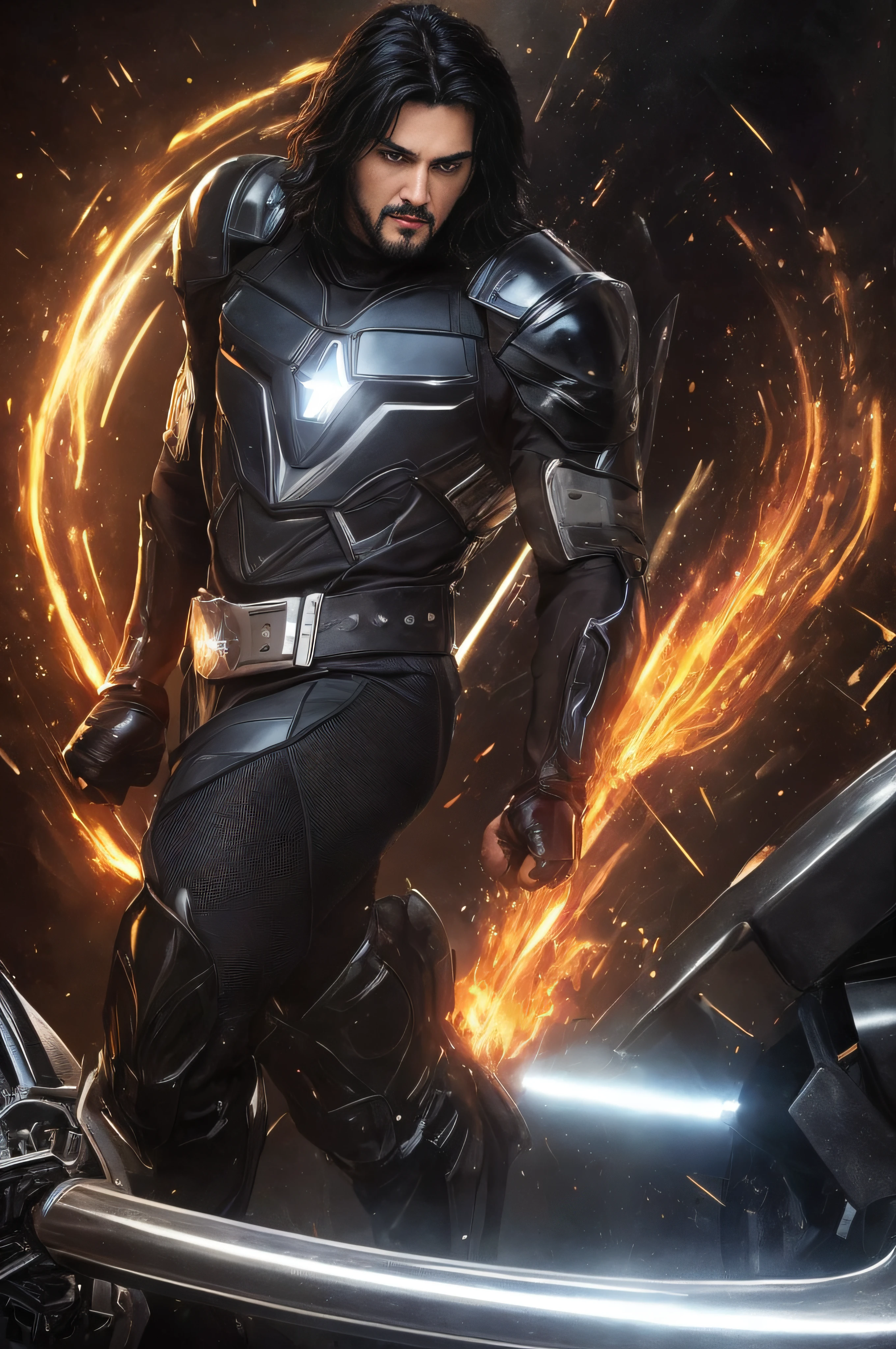 A black, Chrome superhero style Helmet -- a giant, extremely muscular 20-year-old man with short black hair, who resembles, Paul Stanley/Elvis Presley/Keanu Reeves, with a goatee, wearing a black, bandit eye mask, a black, skintight, formfitting, full body bodysuit, black gloves, belt, black knee-high boots, black diamond symbol on the chest, 32k UHD, hyper realistic, photorealistic, extremely detailed, sharp, vibrant, extremely colorful, professional quality 24X36 inch digital painting in the style of Akiane Kramarik,