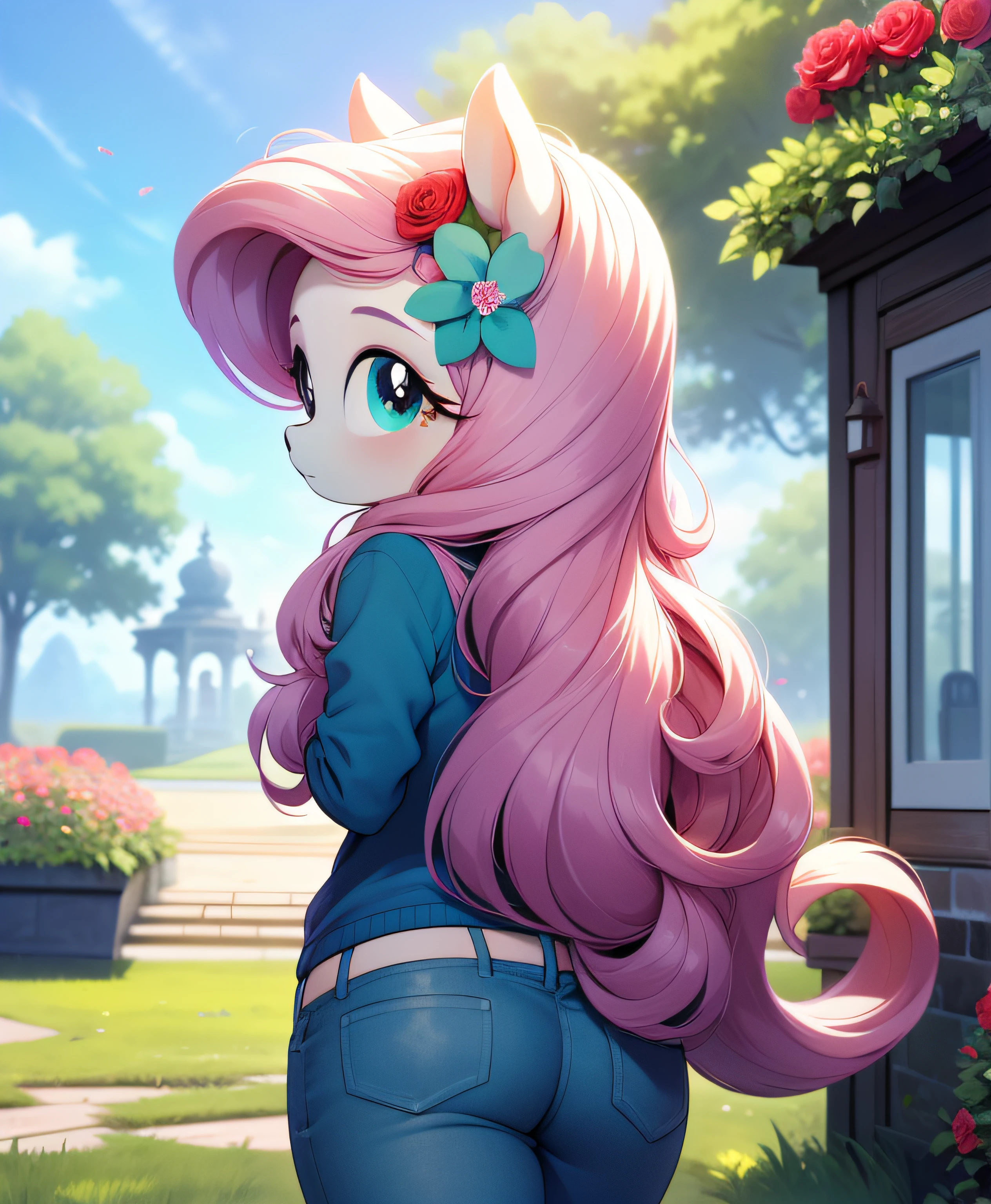 (masterpiece, best quality:1.1), 1girl, solo, ass focus, (my little pony:1.1),ass, from behind, (tail:1.1), looking back, looking at viewer, colored skin, long hair, long hair, outdoors, rose garden, roses, flower, nature, plant, grass, romantic, fragrant, colorful, idyllic, whimsical, (fluttershy)