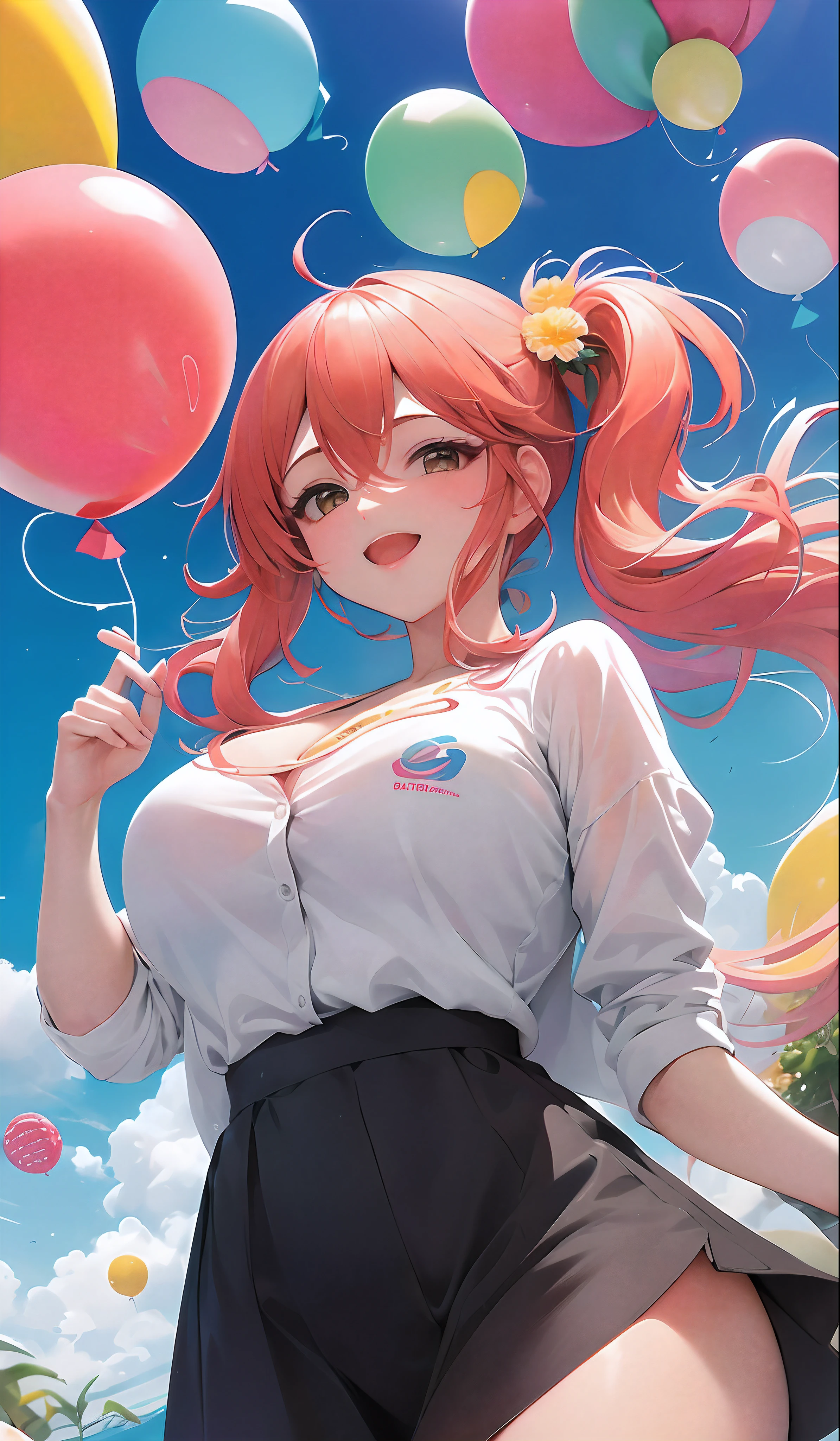 (higher resolution, imagen_distinta) La mejor calidad, la obra maestra de una mujer, muy detallados, semi realista (la mayor parte del cuerpo), feliz, celebrando, fiesta, globos,
