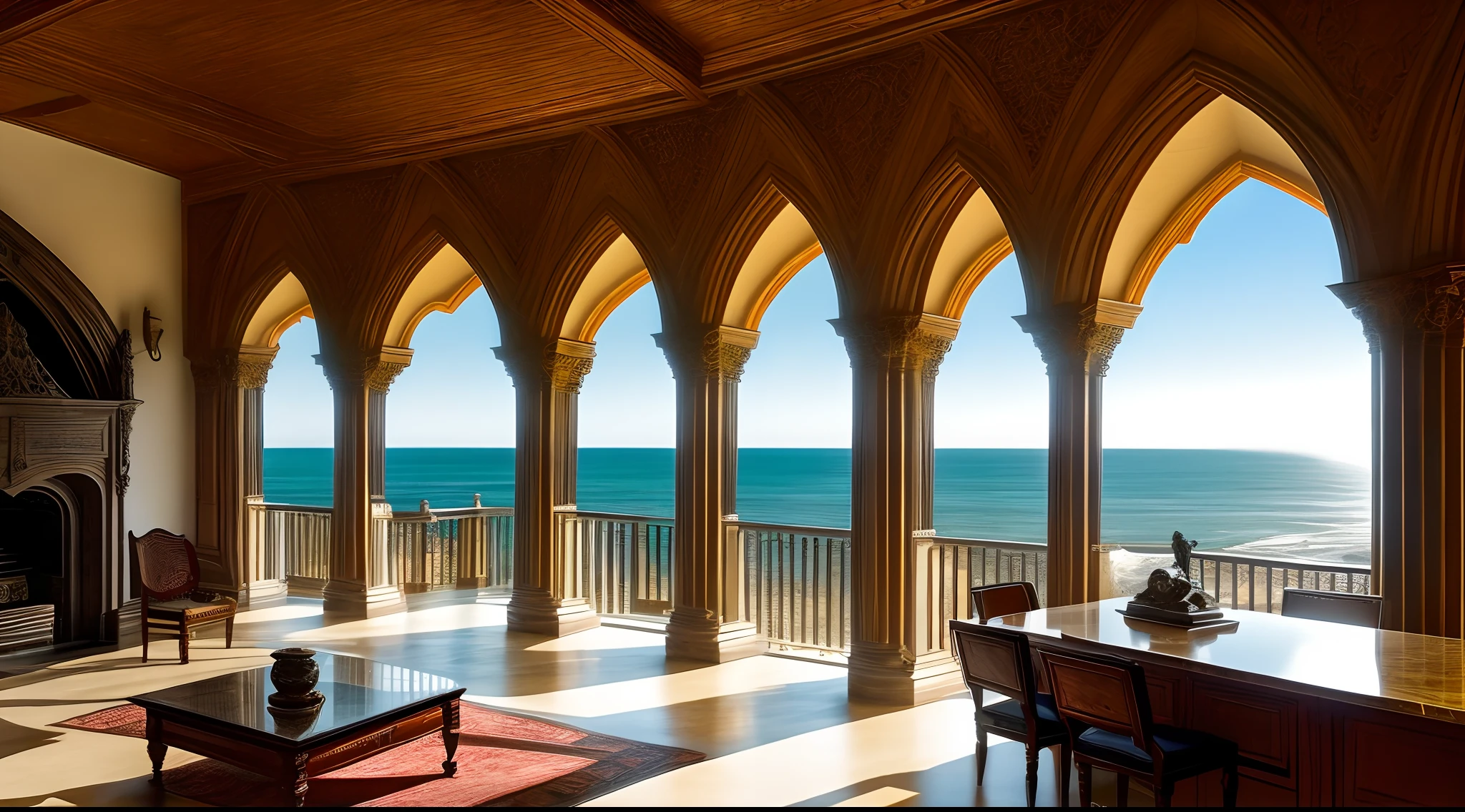 Immerse yourself in a medieval-inspired yet sophisticated study, with walls adorned in aged stone, a majestic fireplace crackling with warmth, floor-to-ceiling bookshelves constructed from intricately carved wood, filled with a vast collection of books spanning centuries, a large glass and metal desk with a sleek design, accompanied by a modern ergonomic chair in wood and leather, positioned to offer an awe-inspiring view of the ocean and beach, a lively landscape through the window, where crashing waves and golden sands create a symphony of beauty, Sculpture, using bronze or marble to sculpt the intricate details of the room and the view beyond,