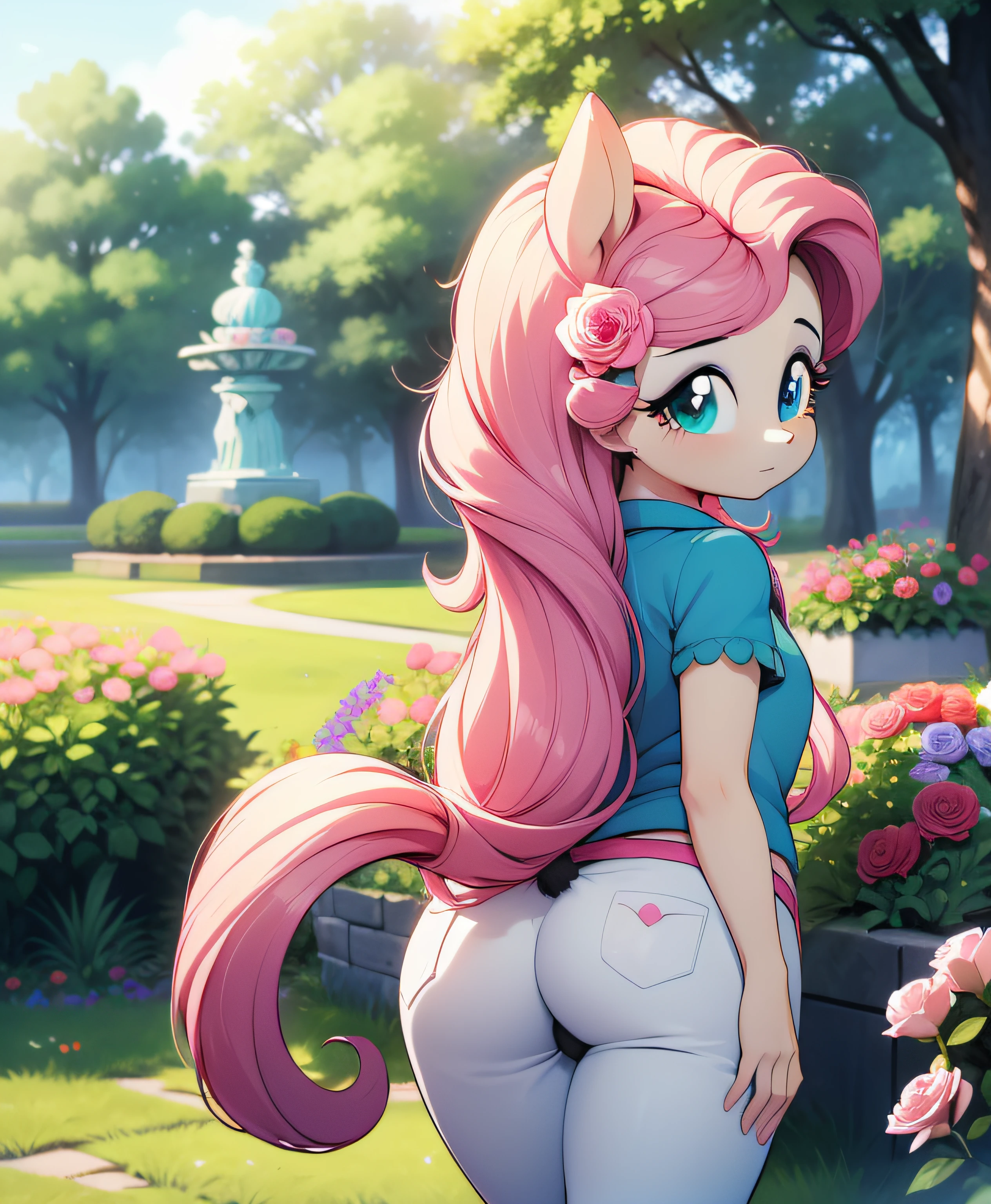 (masterpiece, best quality:1.1), 1girl, solo, ass focus, (my little pony:1.1),ass, from behind, (tail:1.1), looking back, looking at viewer, colored skin, long hair, long hair, outdoors, rose garden, roses, flower, nature, plant, grass, romantic, fragrant, colorful, idyllic, whimsical, (fluttershy)