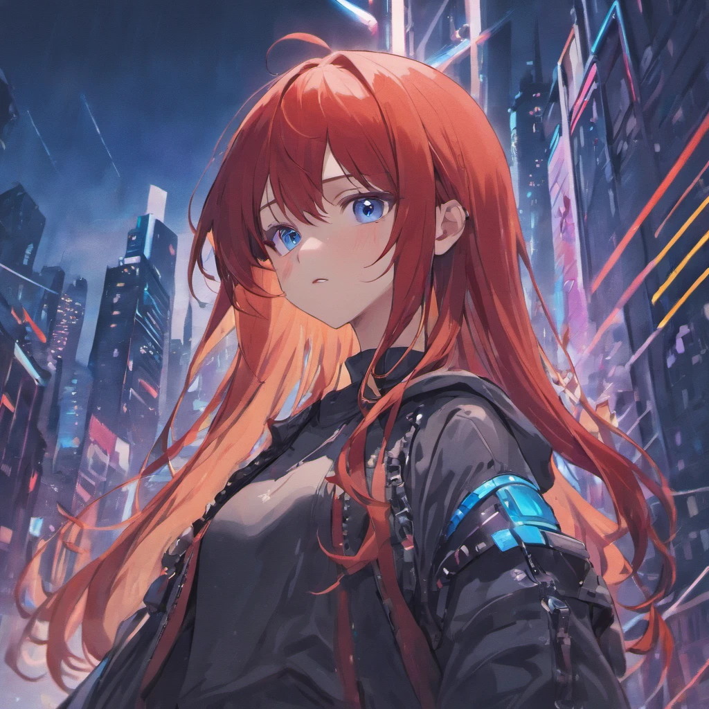Masterpiece , A girl , Red long-haired , Blue eyes , Gradient , Perfect figure , ( techwear outfits:1.2) , Cyberpunk , future , modernity , at cyberpunk city, lite smile , Detailed face ,, , (8K, Best quality 1.2), Ultra-detailed, 8K UHD,, Soft lighting, High quality, filmgrain, Beautiful lighting,, (Cinematic:1.4) ,Perfect body , Best illumination, Best shadow, Sharpness, Contrast,
