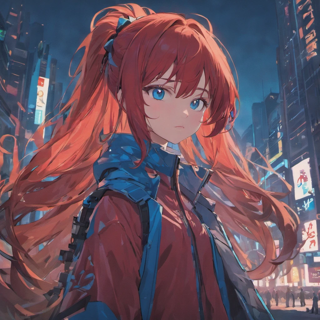 Masterpiece , A girl , Red long-haired , Blue eyes , Gradient , Perfect figure , ( techwear outfits:1.2) , Cyberpunk , future , modernity , at cyberpunk city, lite smile , Detailed face ,, , (8K, Best quality 1.2), Ultra-detailed, 8K UHD,, Soft lighting, High quality, filmgrain, Beautiful lighting,, (Cinematic:1.4) ,Perfect body , Best illumination, Best shadow, Sharpness, Contrast,