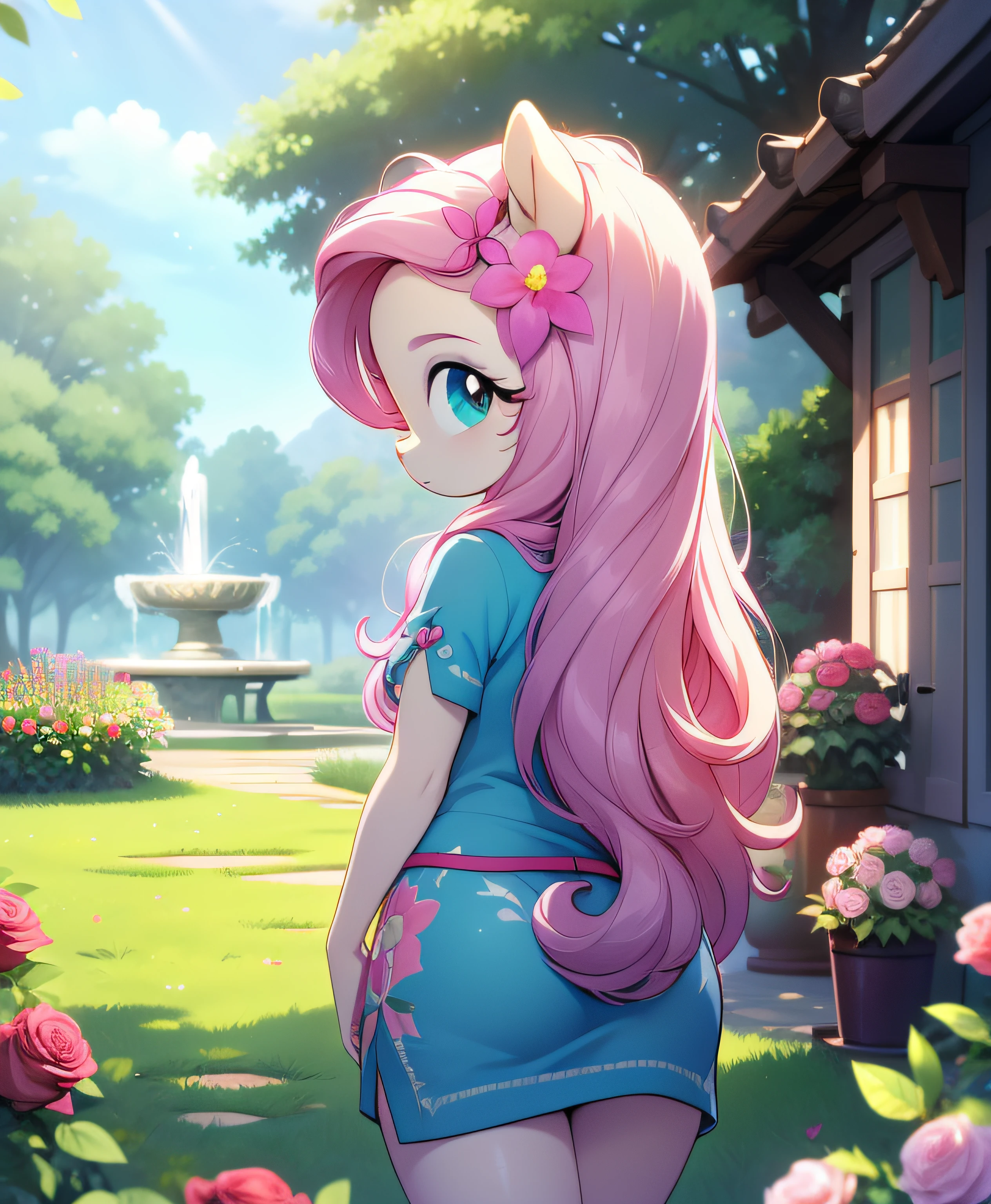 (masterpiece, best quality:1.1), 1girl, solo, ass focus, (my little pony:1.1),ass, from behind, (tail:1.1), looking back, looking at viewer, colored skin, long hair, long hair, outdoors, rose garden, roses, flower, nature, plant, grass, romantic, fragrant, colorful, idyllic, whimsical, (fluttershy) nsfw