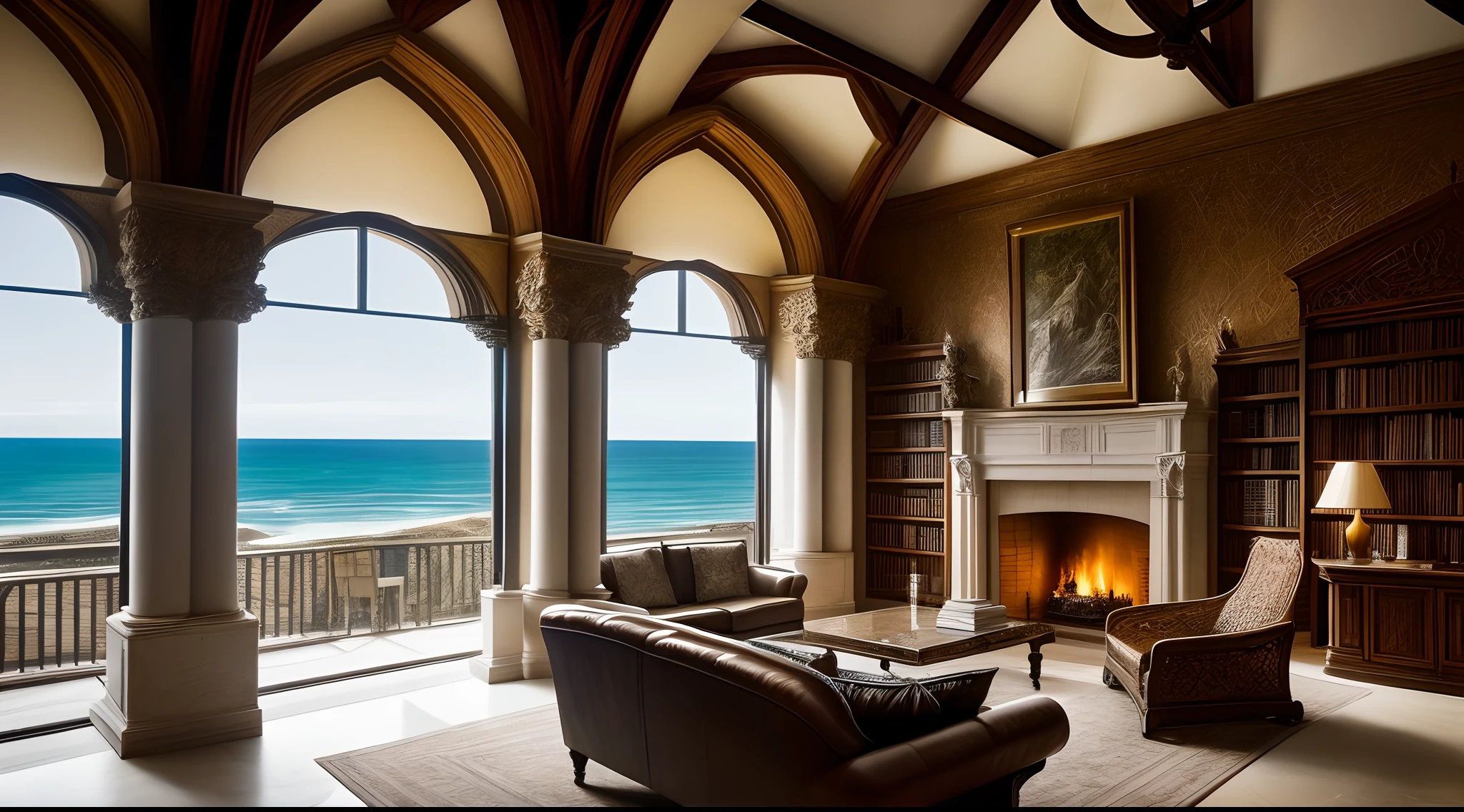 Immerse yourself in a medieval-inspired yet sophisticated study, with walls adorned in aged stone, a majestic fireplace crackling with warmth, floor-to-ceiling bookshelves constructed from intricately carved wood, filled with a vast collection of books spanning centuries, a large glass and metal desk with a sleek design, accompanied by a modern ergonomic chair in wood and leather, positioned to offer an awe-inspiring view of the ocean and beach, a lively landscape through the window, where crashing waves and golden sands create a symphony of beauty, Sculpture, using bronze or marble to sculpt the intricate details of the room and the view beyond,