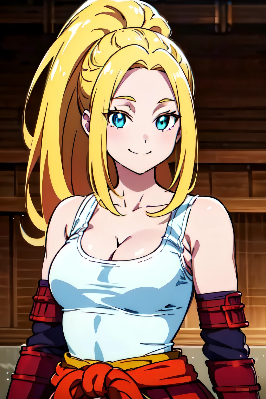 BEATRIXAMERHAUSER, PONYTAIL
WHITE TANK TOP, SLEEVELESS, CLEAVAGE, JAPANESE ARMOR, GLOVES, 1girl, solo, upper body, facing viewer, looking at viewer, smile.