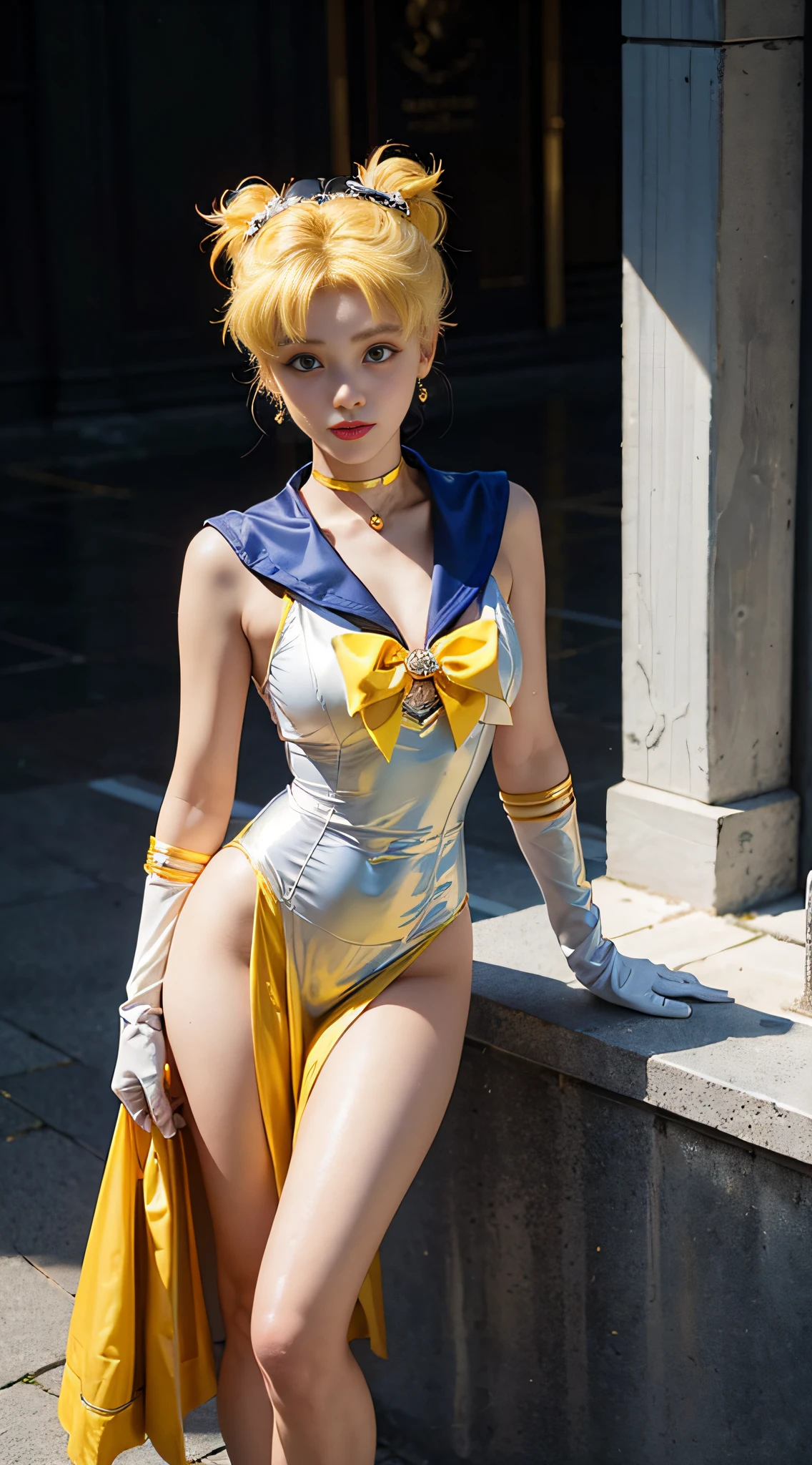 ((​masterpiece:1.4)、(top-quality:1.4)、(reallistic:1.7))、masuter piece:1.4、a beauty girl、(Sailor Moon:1.4)、Tsukino Usagi、Body Fit Sexy Sailor Senshi Uniform、(latex shiny)、(The jacket is a white sleeveless sailor suit)、(Skirt is blue sexy ultra ultra mini skirt)、The collar of the sailor suit is blue with two thin lines.、high leg swimsuit、Red cloth ornament at chest、(Wearing white gloves)、Kawaii Girl、Super beauty、foco nítido、Portrait photos、Upper body photography:1.4、beautiful countenance、beautidful eyes、Narrow waist、beauty legs、(Yellow hair:1.4)、(length hair:1.2)、Beautiful udder、large full breasts:1.2、Sexy ass、Raw photo、red-lips、Red high heels:1.4、a choker:1.4、a necklace:1.4、耳Nipple Ring:1.4、Luxurious Golden Tiara:1.4、1 screen display、Outdoor landscape