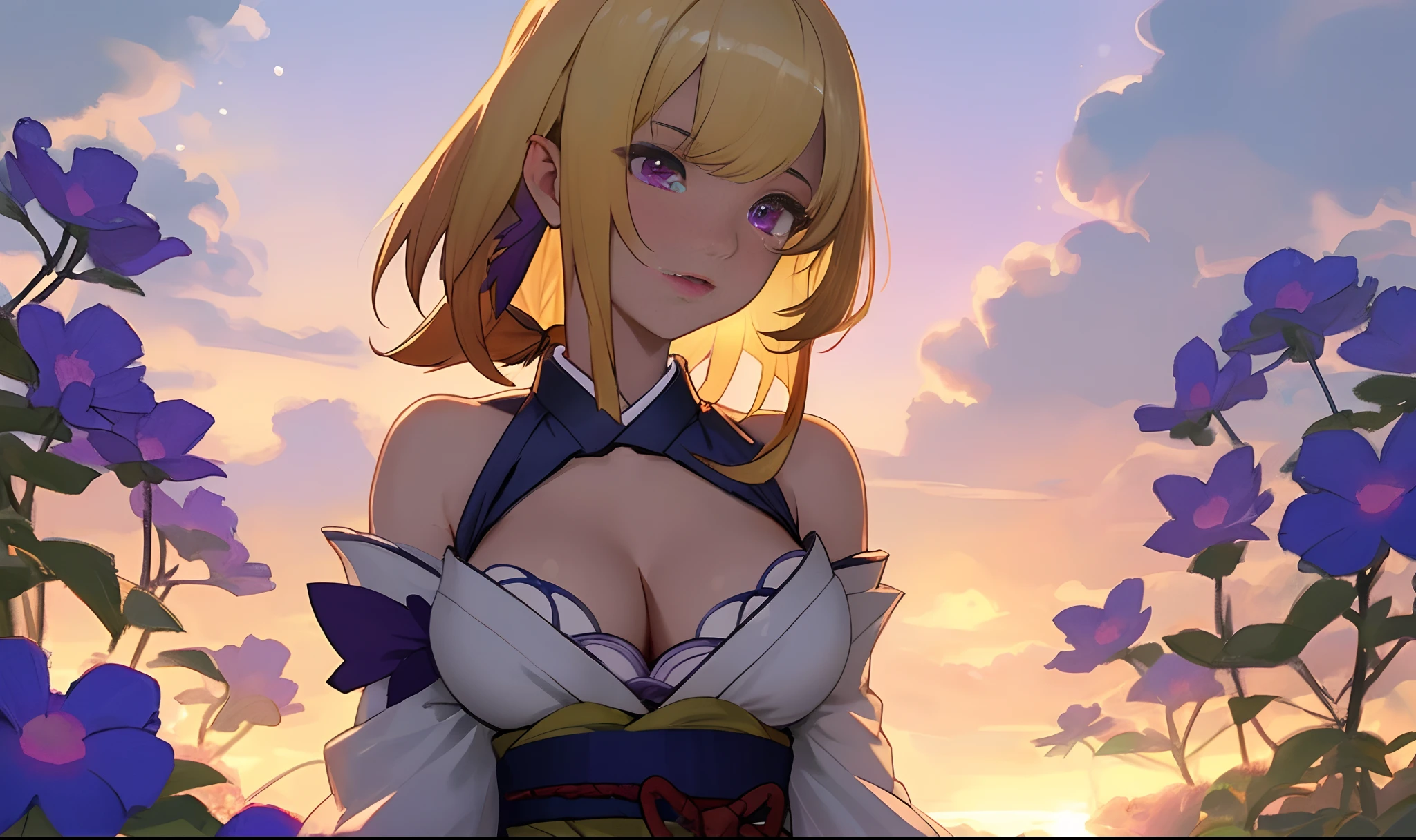 Ultra-realistic 8K CG,tmasterpiece,((Ultra detailed backgrounds,delicate patterns,Complicated details)),Best quality at best,very vey very detailed face,very detailed eyes and faces,Very detailed eyes,Kochou Shinobu,O cabelo multicolorido,No bangs,hair intakes,Purple eye,haori,butterflys,obi strip,(trpical garden:1.2),purple flower,mostly cloudy sky,rays of sunshine,Tyndall effect,Gradient_sky,the face,beautiful sky,Saber on the waist,captivating posture,(D cup Large breasts:1.3),(cleavage:1.3),(Off-the-shoulder attire:1.6) show boobs, slutty face.