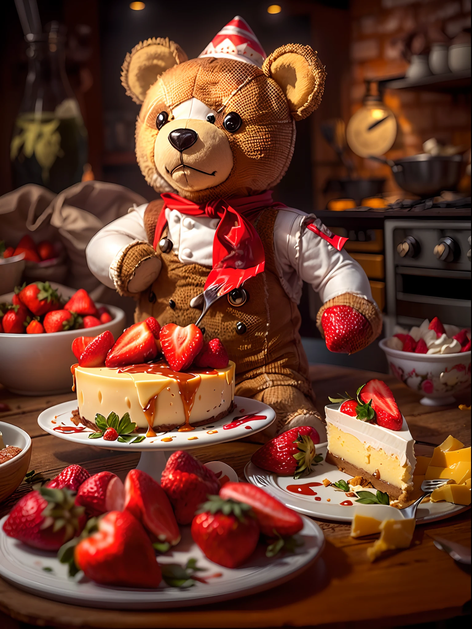 (a teddy bear dressed as a chief), (a bear as a cook), (decorating a super delicious cheesecake), (creamy cheesy cake served with some strawberries), (messy table), (pieces of cheese laying around), (best quality:1.2), (ultra-detailed), (photorealistic:1.37), (HDR), (vivid colors), (portraits), (warm and vibrant color tone), (soft diffused lighting)