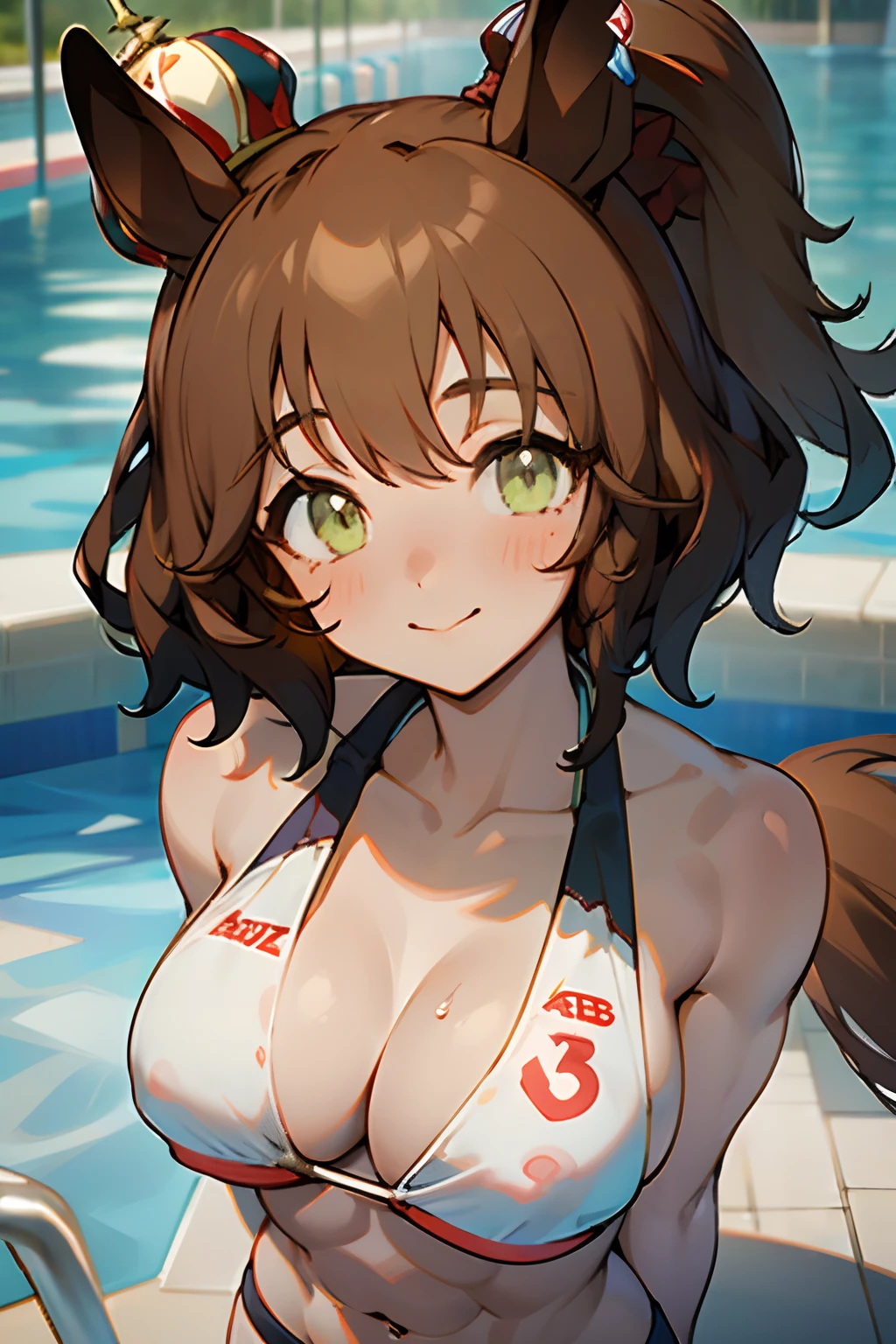 Aston Machan \(umamusume\), (((abs))), (muscular body), ((have a silky short tail)), whole body, (bikini), (ultra-detailed face), masterpiece,best quality, detailed eyes, athlete, morning, official art, light smile, pool,