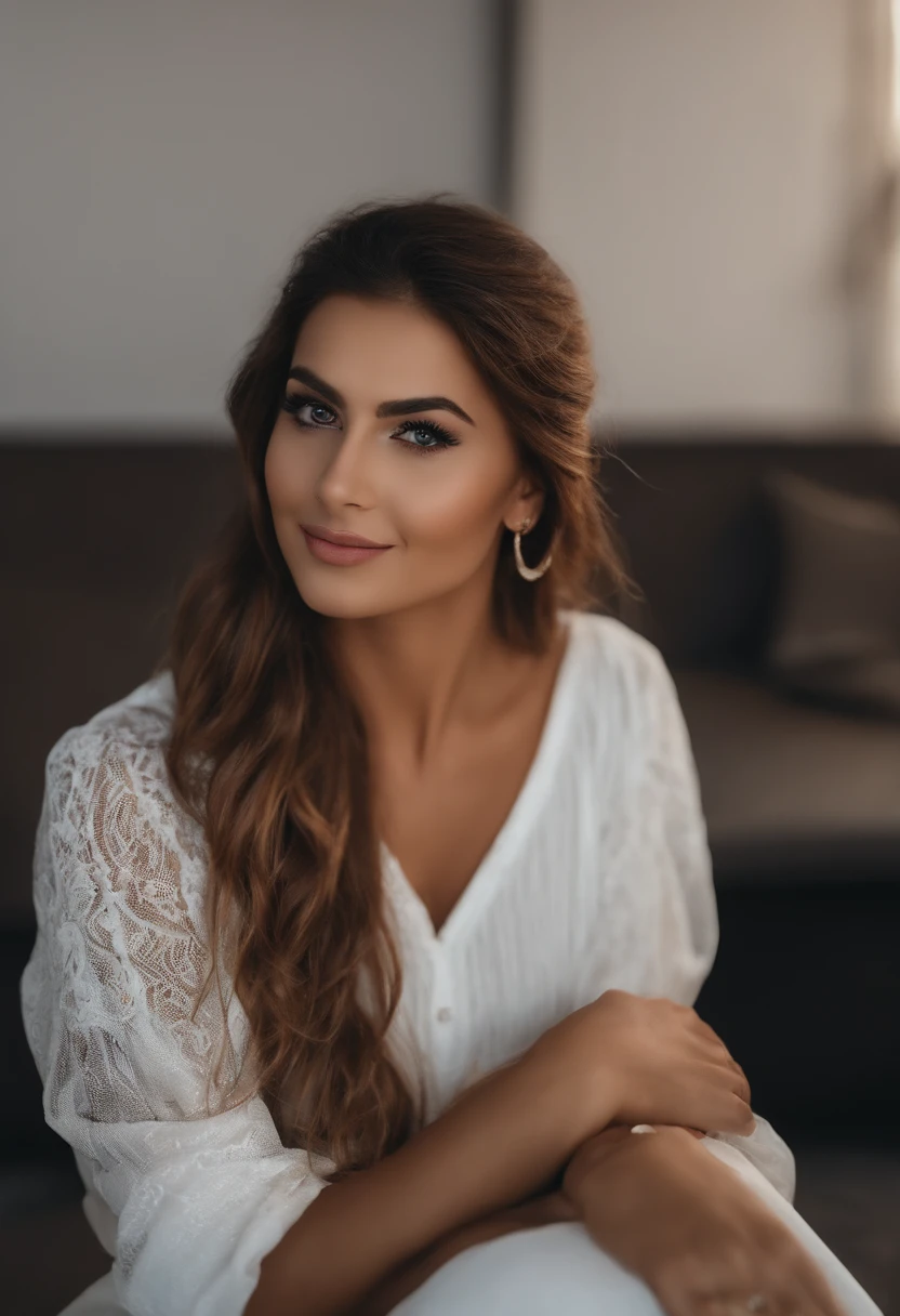 Mulher na camiseta branca , com olhos castanhos escuros, Retrato Latino, cabelos loiros e olhos grandes, selfie de uma jovem mulher, maquiagem natural, Look directly at the camera, Rosto com ArtGram, maquiagem, Excelente foto de close-up, Em um estudio com fundo infinito, 4k, Cabelos lisos, Olhos de Dubai, sem maquiagem, melhorar imagem do olho