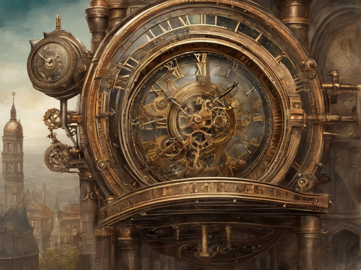 high quality, 8K Ultra HD, high detailed, Steampunk Time Voyager, Watercolor, wash technique, colorful, blurry, smudge outline, like a fairy tale, The protagonist, a courageous young beautiful woman adorned in a blend of vintage and futuristic attire, Embark on a thrilling journey through time in a steampunk-infused world, where past and future intertwine in perfect unison, This intricate digital art piece captures the essence of a daring time voyager exploring a Victorian-era metropolis with a steampunk twist, stands atop a colossal clock tower adorned with ornate cogs and gears, propelled by precise mechanical propellers, The city's architecture harmoniously blends classic Victorian elegance with intricate steampunk machinery, resulting in a visually captivating juxtaposition, by yukisakura, awesome full color,