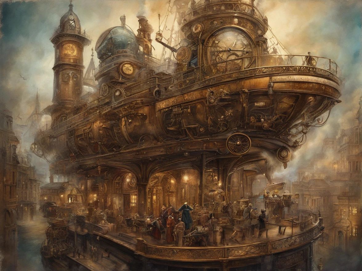 high quality, 8K Ultra HD, high detailed, Steampunk Time Voyager, Watercolor, wash technique, colorful, blurry, smudge outline, like a fairy tale, The protagonist, a courageous young beautiful woman adorned in a blend of vintage and futuristic attire, Embark on a thrilling journey through time in a steampunk-infused world, where past and future intertwine in perfect unison, This intricate digital art piece captures the essence of a daring time voyager exploring a Victorian-era metropolis with a steampunk twist, stands atop a colossal clock tower adorned with ornate cogs and gears, propelled by precise mechanical propellers, The city's architecture harmoniously blends classic Victorian elegance with intricate steampunk machinery, resulting in a visually captivating juxtaposition, by yukisakura, awesome full color,