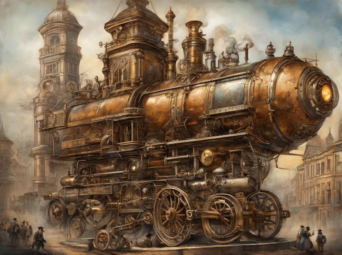 high quality, 8K Ultra HD, high detailed, Steampunk Time Voyager, Watercolor, wash technique, colorful, blurry, smudge outline, like a fairy tale, The protagonist, a courageous young beautiful woman adorned in a blend of vintage and futuristic attire, Embark on a thrilling journey through time in a steampunk-infused world, where past and future intertwine in perfect unison, This intricate digital art piece captures the essence of a daring time voyager exploring a Victorian-era metropolis with a steampunk twist, stands atop a colossal clock tower adorned with ornate cogs and gears, propelled by precise mechanical propellers, The city's architecture harmoniously blends classic Victorian elegance with intricate steampunk machinery, resulting in a visually captivating juxtaposition, by yukisakura, awesome full color,