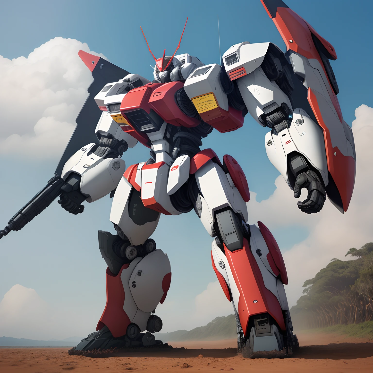 Mecha gigante branca super blindada em detalhes vermelhos usada como lente protetora