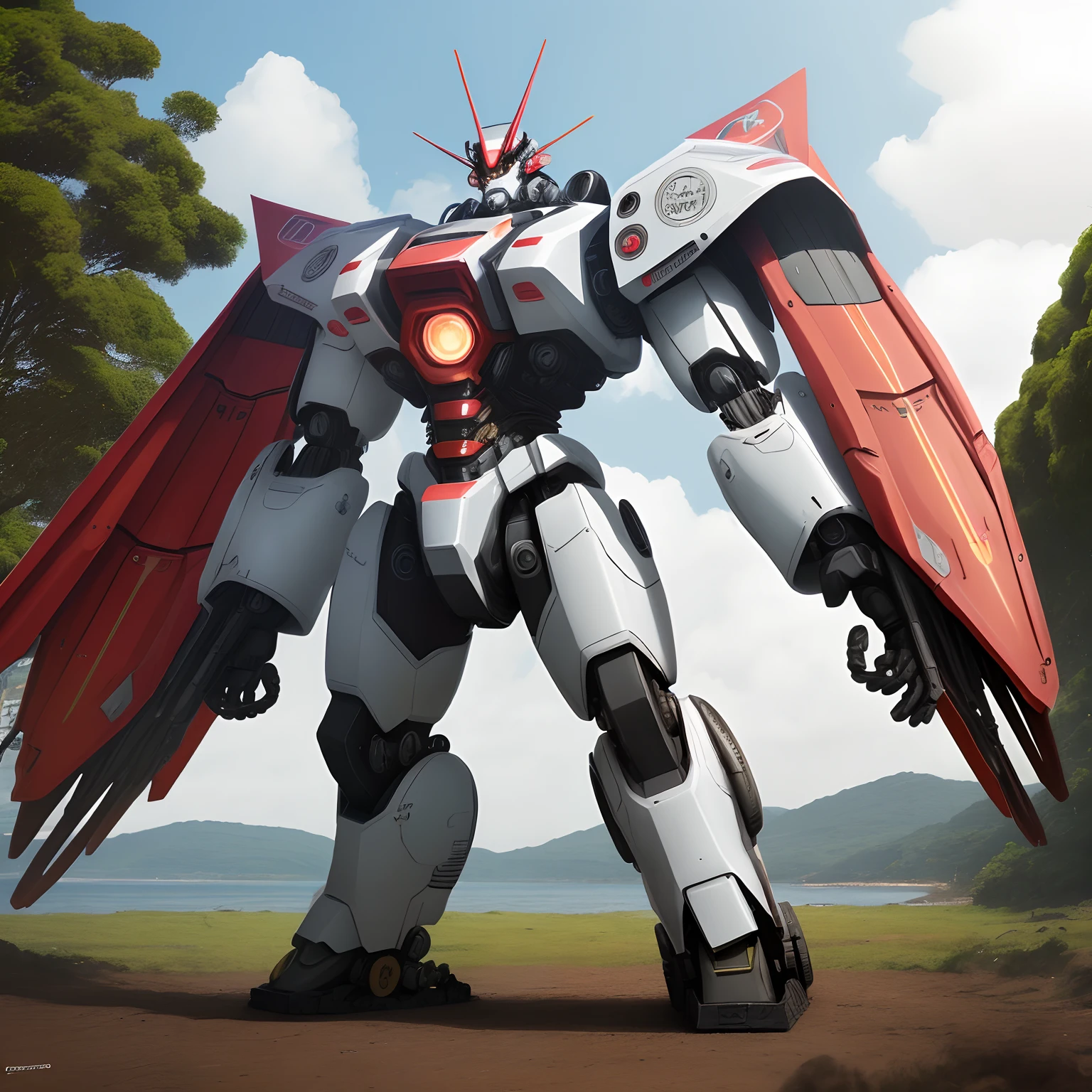 Mecha gigante branca super blindada em detalhes vermelhos usada como lente protetora