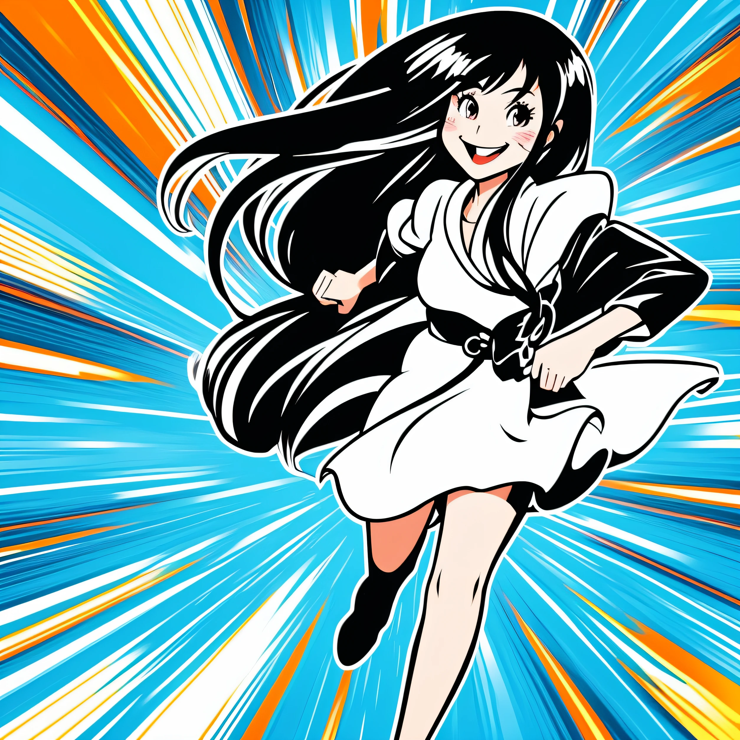 Cartoonish style。Illustrator。Japan woman at 60 years old1a person。Semi-long hair。Dashing from right to left at super fast speed。The background is a cartoon style with concentrated lines。amusing。a smile。happiness。