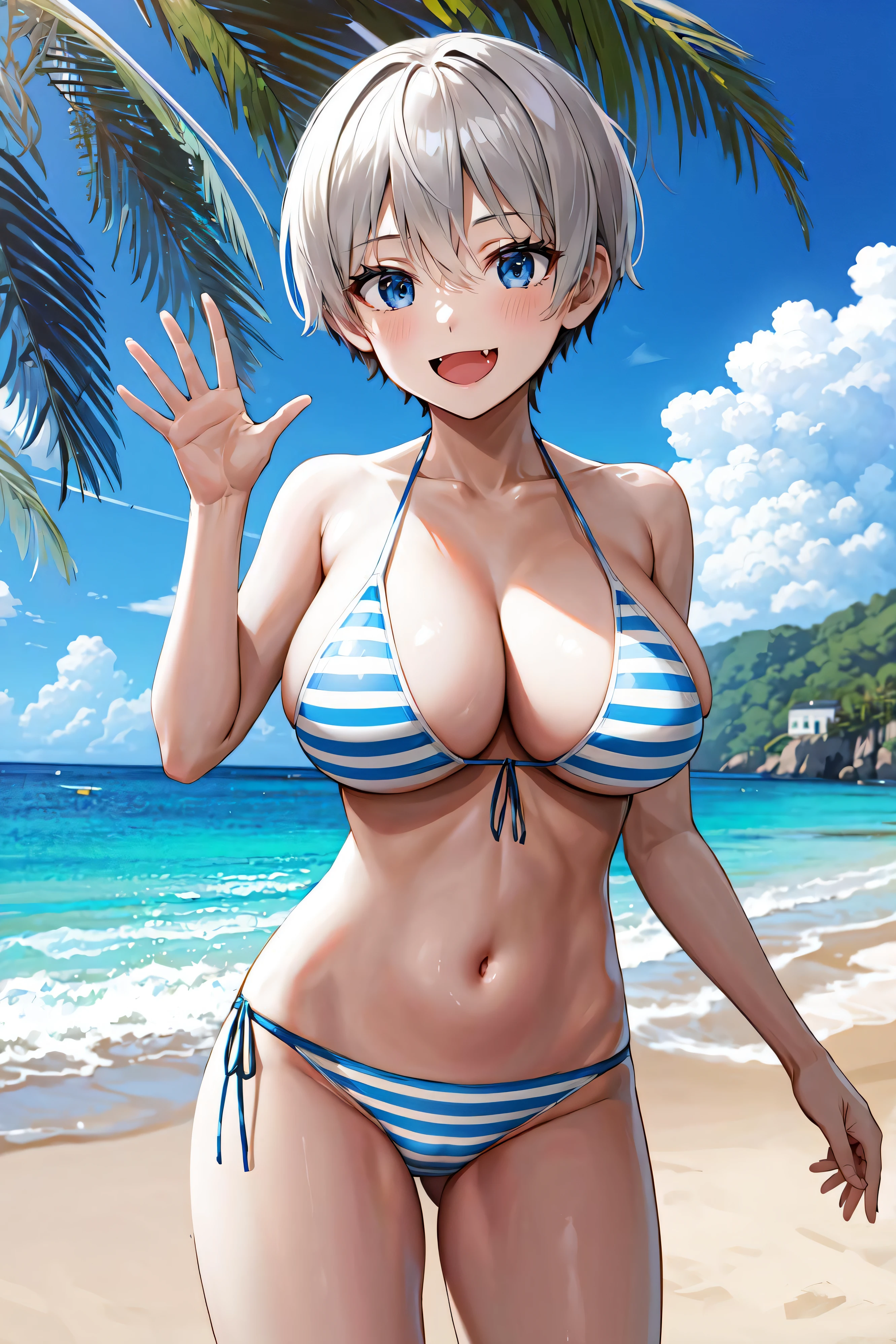 masterpiece, best quality, highres, uh1, fang, swimsuit, striped bikini, beach, waving, cowboy shot, smile,