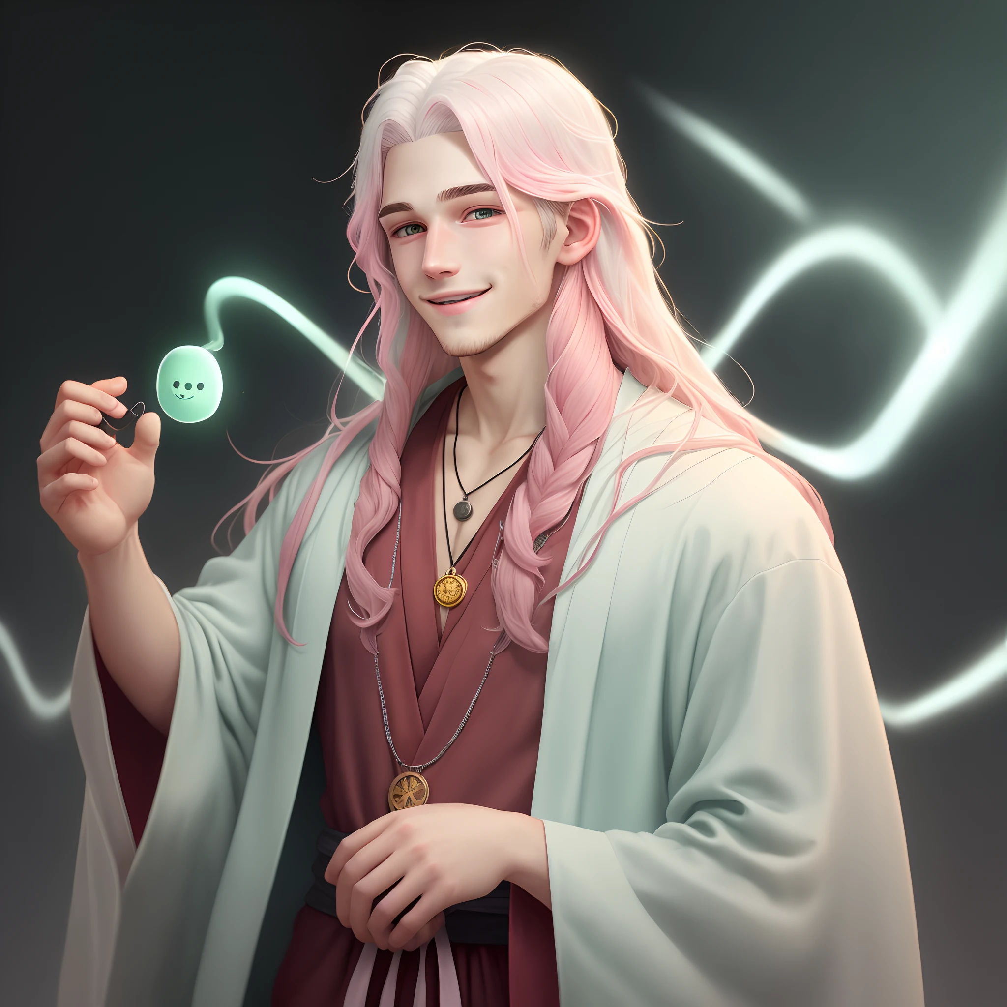 Young adult man with long white hair and pink tips wearing robes and a cult like necklace with a smiley face. His hands have a mint green aura and his left eye is glowing pitch black. He has a pet mouse.