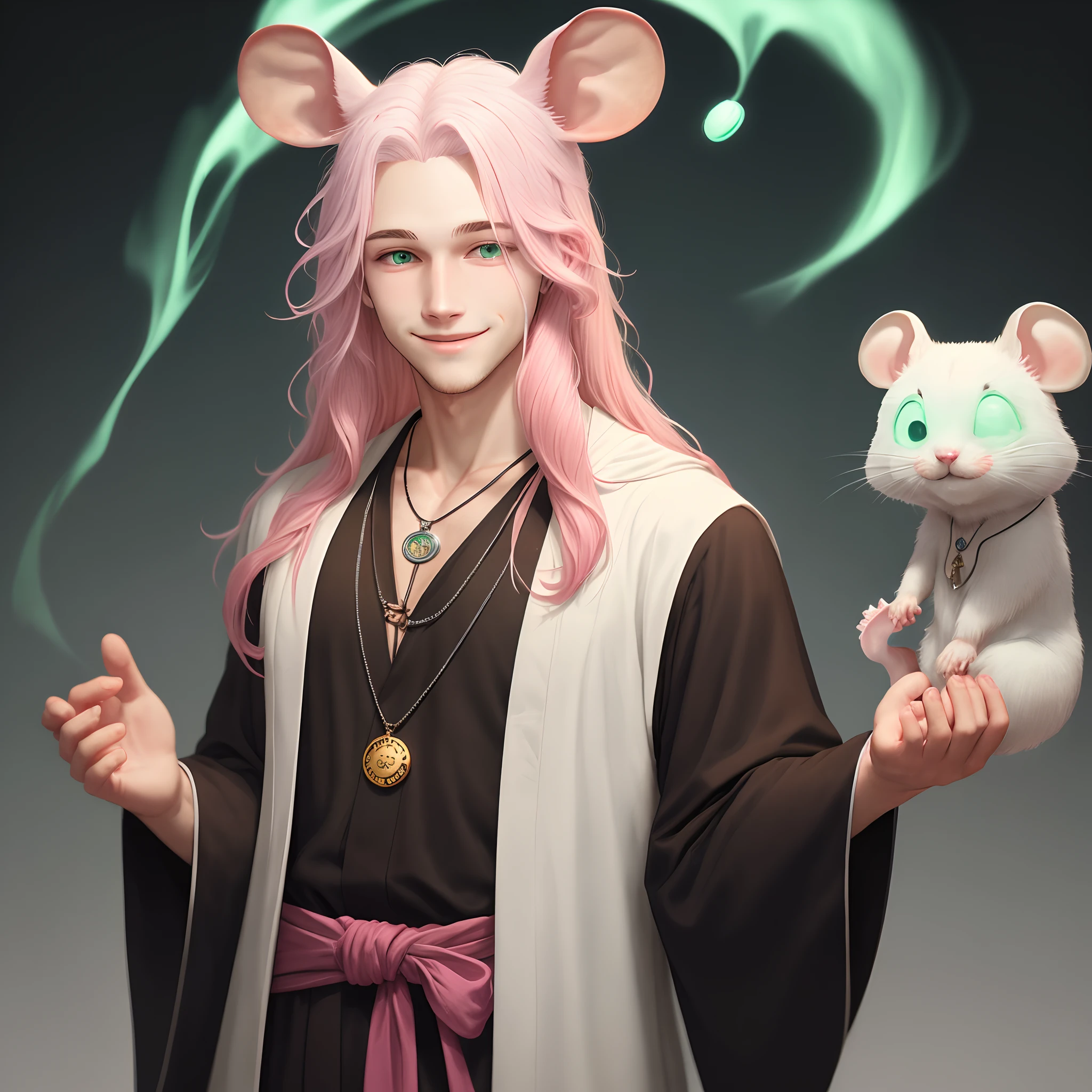 Young adult man with long white hair and pink tips wearing robes and a cult like necklace with a smiley face. His hands have a mint green aura and his left eye is glowing pitch black. He has a pet mouse.