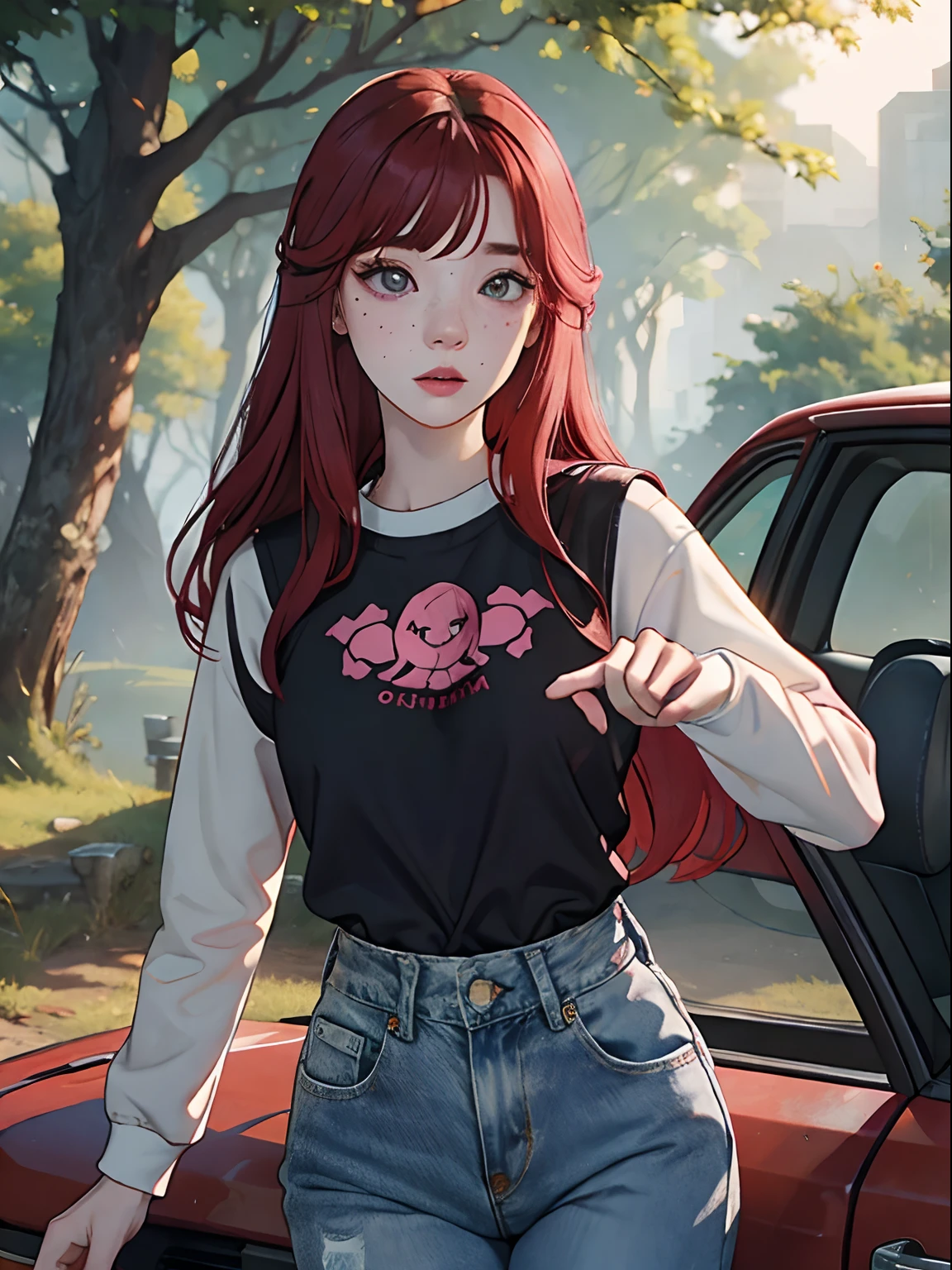 (Masterpiece, best quality) detailed, pale skin, female, relatively skinny, Asian American, brown eyes, {{hair is dyed completely red}}, straight hair, straight and thin bangs, many acne scars, many large freckles, round nose, round face, pink lips, plain sweatshirt, denim jeans, short black nails, rings on fingers, curled eyelashes, twenty-five, longer than shoulder length hair, full of details