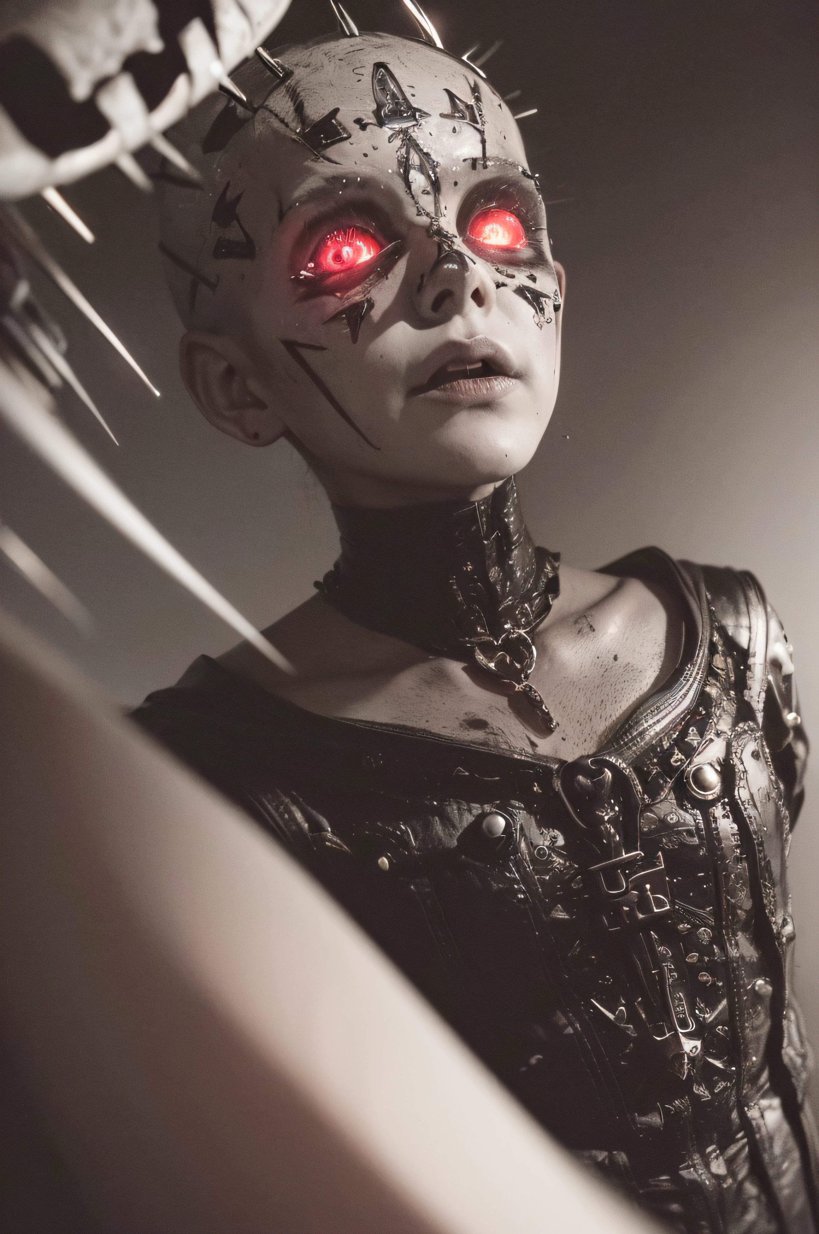 "(The best lighting, oscuro, dramatic),(feto calavera alien, Hellraiser, Cicatrices, , sexy, cerebro, sangre, una rata dentro de la cabeza, terror.),(ojos rojos, calaveras). morning light.