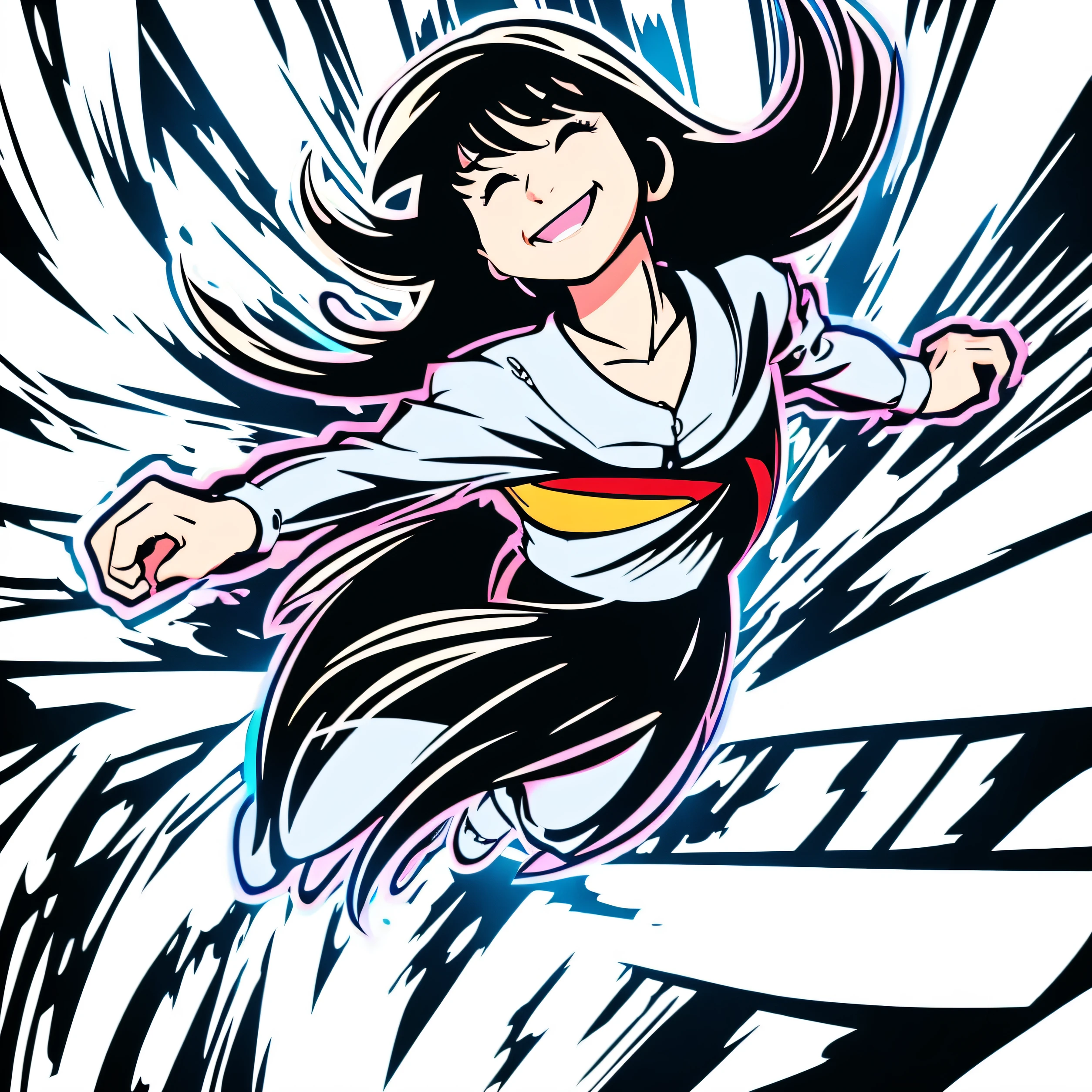 Cartoonish style。Illustrator。Japan woman at 60 years old1a person。Semi-long hair。Dashing from right to left at super fast speed。The background is a cartoon style with concentrated lines。amusing。a smile。happiness。