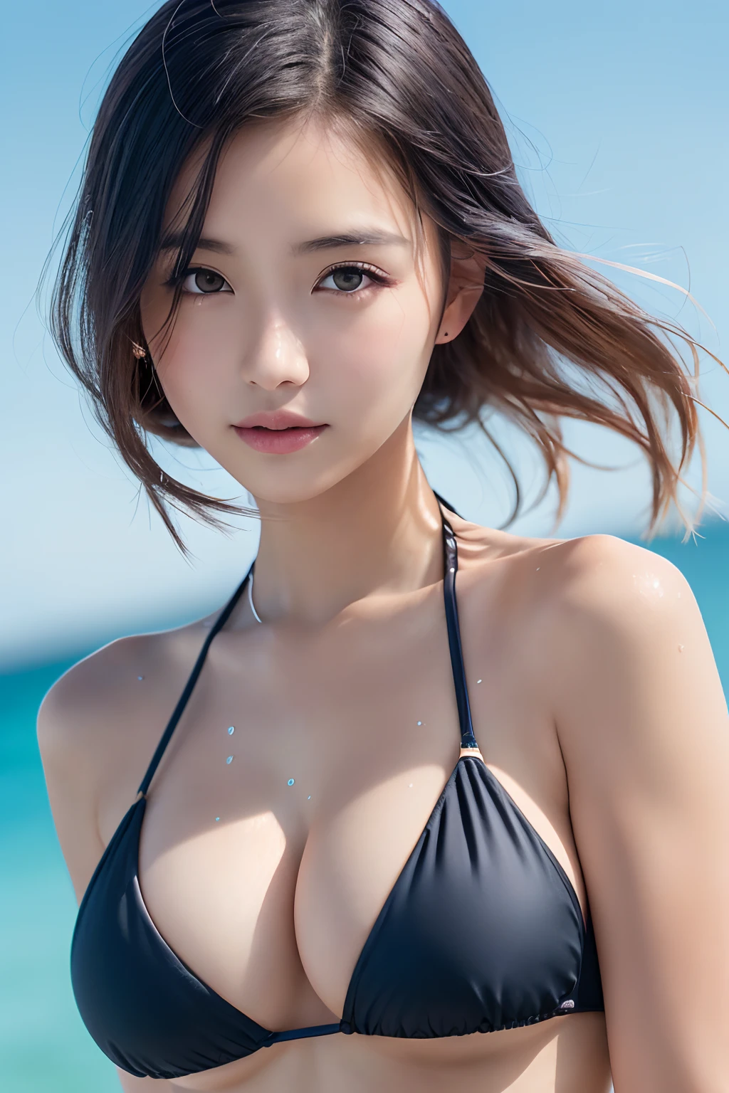 (masutepiece:1.3), (8K, Photorealistic, Raw photo, Best Quality: 1.4), Japanese, (1girl in), Beautiful face, (Realistic face), (Black hair), Beautiful hairstyle, Realistic eyes, Beautiful detailed eyes, (Realistic skin), Beautiful skin, Attractive, 超A high resolution, A hyper-realistic, Highly detailed, Golden ratio,School uniform. (3 Gills:1.5), (Sony Alpha 1, 50.1 megapixel full-frame CMOS sensor, 8K video recording function), (telephoto lens), (Realistic),(8K, 超A high resolution, Best Quality, masutepiece:1.2),Ultra-detailed,beautifull detailed face, FULL ANATOMY,(Beautiful detailed eyes:1.3),Smile,extremely delicate and beautiful, Extremely detailed, nffsw, Unity, 8K Wallpaper, amazing, finely detail, Ultra-detailed, High resolution, Extremely detailed, extremely detailed eye and face,Wet, ((Luxury Hotels:1.1)),((Colorful micro bikini:1.1)), [Ponytail],(huge-breasted, cleavage:1.3),