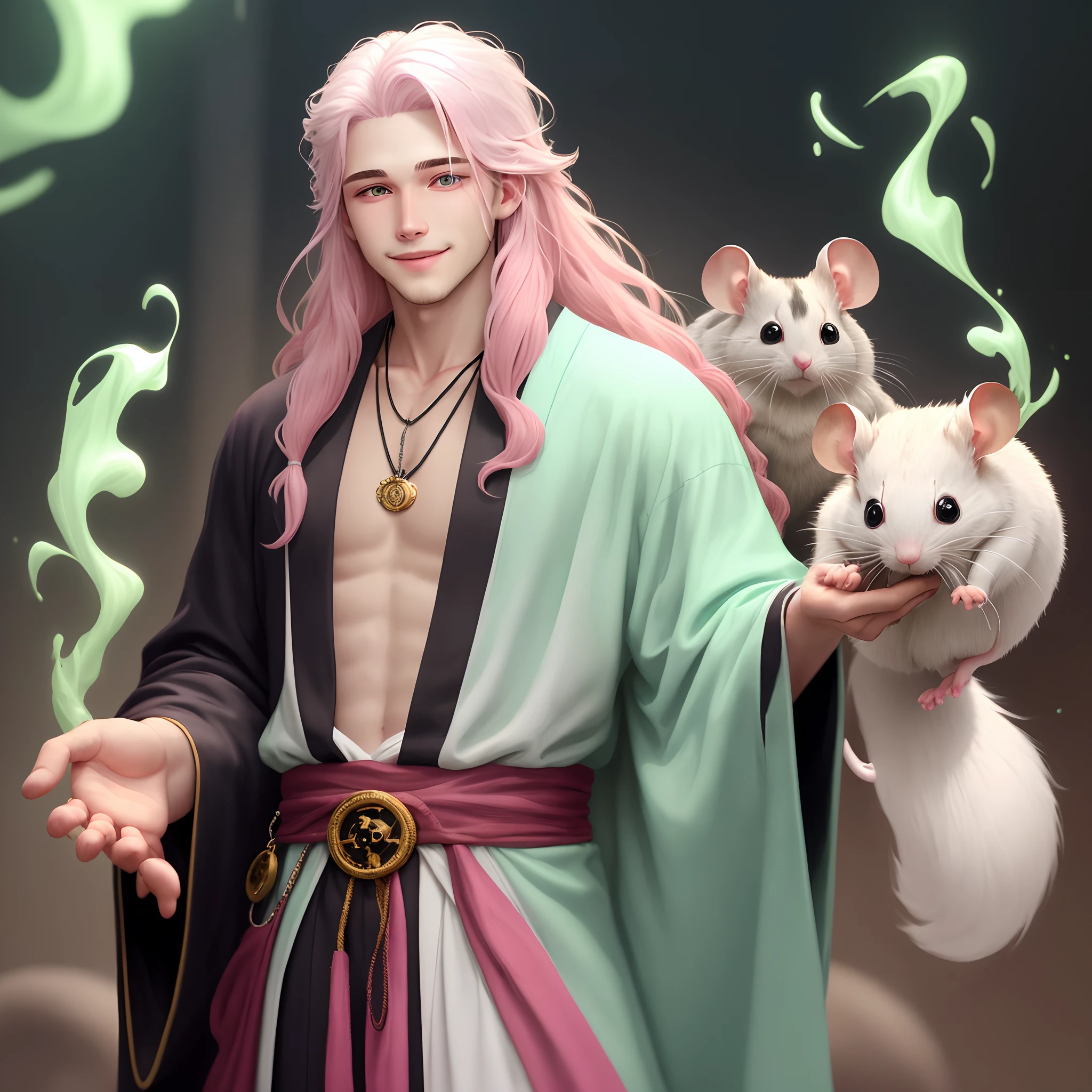 Young adult man with long white hair and pink tips wearing robes and a cult like necklace with a smiley face. His hands have a mint green aura and his left eye is glowing pitch black. He has a pet mouse. D&D