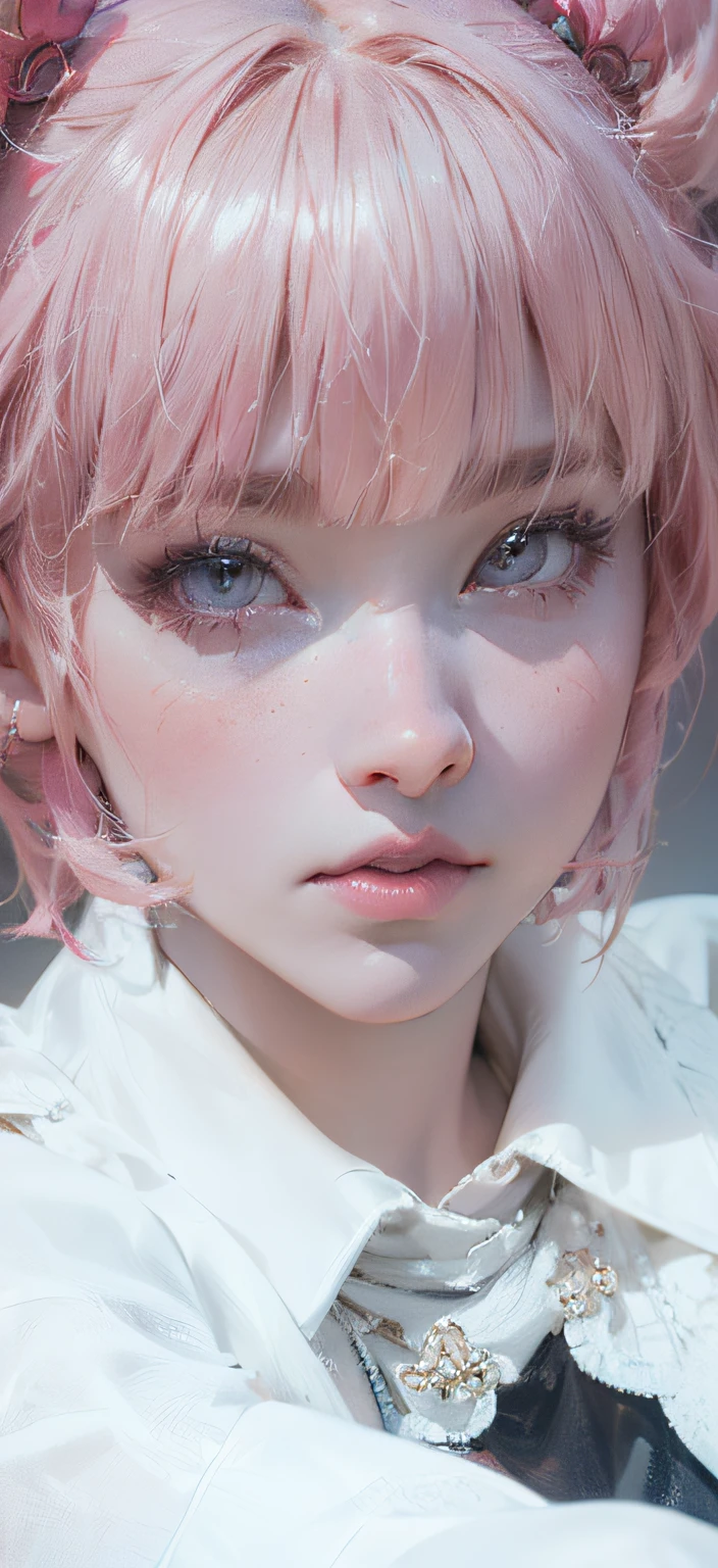 a close up of a person with pink hair, cgsociety and fenghua zhong, grey contacts, heavy makeup, realistic symmetrical eyes, inspired by Ni Tian, short dark haircut, kawaii hair style, ashen blonde hair, side fringe haircut, pink nose