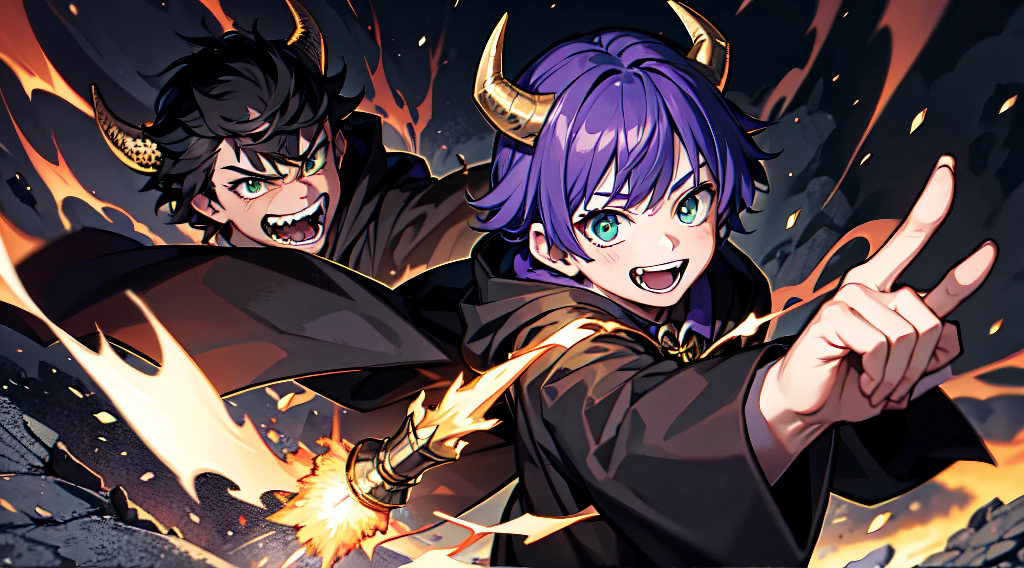 top-quality、​masterpiece、Boy with short purple hair、Green eyes、demonic horns、A smile、Harry Potter black robe costume、Battle pose with magic wand、Thumbnail image、No background