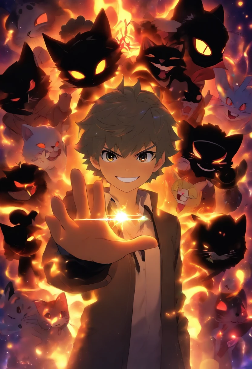 (((menino))) magician, ssmile, hairlong, (Normal hands), (No extra fingers), ((Normal anatomy)), Next to a black cat