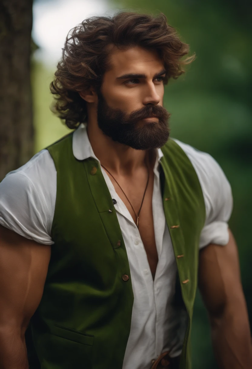 (the best quality,8k,Realstic),bel homme,Barbe de Conpequena,macho,Yeux vert,cheveux bruns,bons muscles,sur la chemise