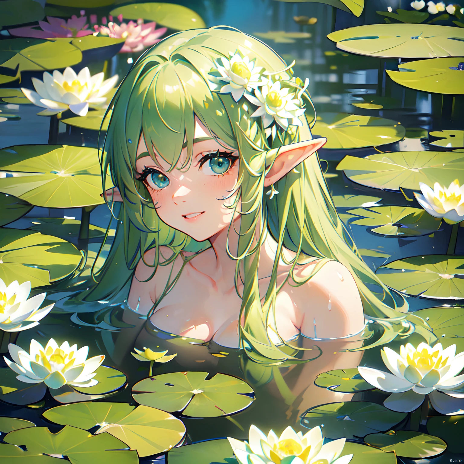 (high angle), ((close-up portrait of young solo elf woman with green hair)), lying in water, body submerged in water, shallow water, ((surrounded by white flowers, water lily pads and lotus)), extremely detailed face, wet, perfect illumination, masterpiece, cleavage, sultry smile, white and green thin off-shoulder sundress with transparent sleeves, neutral expression