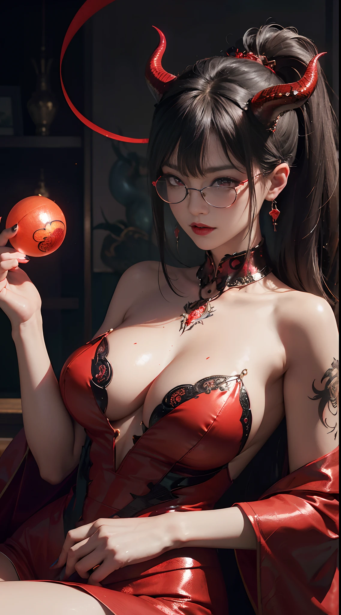 Fine、(The best illustrations)、8k UHD resolution、intricate-detail、top-quality、realisitic、ultra-detailliert、The best lighting、Best Shadows、Soft lighting、Ulutra HD、1 beautiful devil woman from hell, surreal female portraits by David Hockney and Alphonse Mucha, Portrait of an enchanting woman by a court painter、Fantasy Art, Chinese Doll、Dungeon and Dragon、Devil's Palace、Devil's Torture Chamber、magia、 Dark Necromancer、natta、Dark style、Succubus、Devil's Daughter、Bat Wings,(((Demon Horns)))、((((black-rimmed round glasses))))、(((Colossal tits)))、(Devil's Tail)、(red eyes glowing:1.6)、 intricate tattoos, demonic intricate tattoos, thigh tattoos, body tattoos, masterpiece、beautiful countenance、a 、Muscular seductive body、The enchanting body of the devil、Chinese actress、Seductive Black Magic Costume、(((A shiny red snake is wrapped around her body)))、Tindall Effect、photos realistic、(High Detail Skins:1.2)、 (Intricate details, makeup, pureerosface_v1:0.5), (Detailed beautiful delicate face, Detailed beautiful delicate eyes, A perfectly proportioned face, High detailed skin, Detailed skin, best ratio four finger and one thumb, arms below breasts, Tattoo with a red glow under the stomach、Awesome awesome, wide hips, smooth midriff, skiny and thin, __Fashion__, __hair__:1.25)、Digital SLR、hightquality、a picture、hight resolution、 absurderes、Ponytail distortion、女の子1人、Red sparkling gemstone necklace、jewely、Beautiful expression、Body Up、Large breasts emphasis、Toned waist、Wide buttocks、Devil's Tail、intricate tattoos, demonic intricate tattoos, thigh tattoos, body tattoos, effect、Photorealsitic、(High Detail Skins:1.2)、In the Dark, lowkey, cowboy lens, (red phoenix dress: 1.0), Seductive Black Magic Costume、Long hair, Black hair, Bust, Devil's Palace, devil crown, red eyes make up very sharp and detailed, The most beautiful face, Super tight breasts, Breast augmentation surgery, The breasts are very big and round and round, Black magic costume、Super realistic , Charming smile,a baby face、 The eyes ar