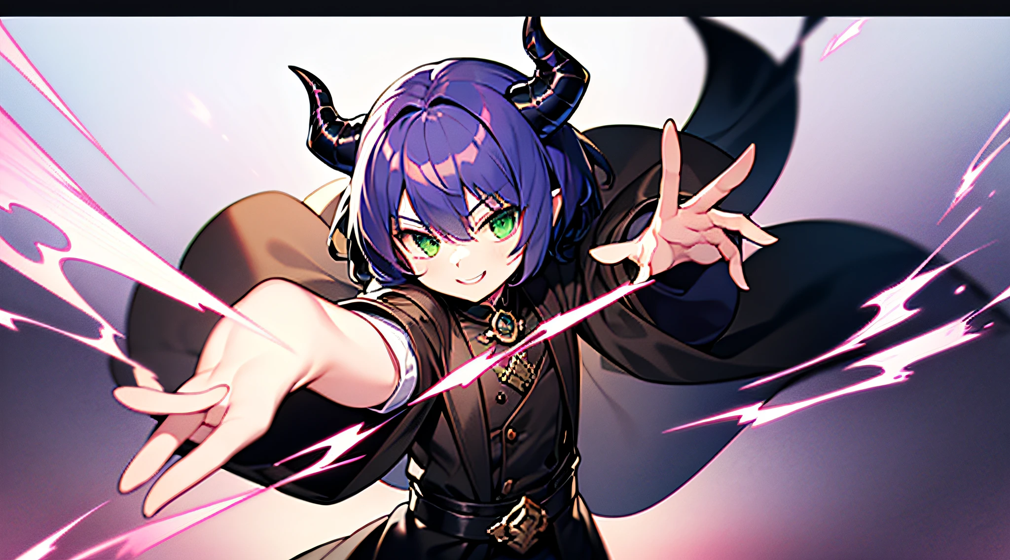 top-quality、​masterpiece、Boy with short purple hair、Green eyes、demonic horns、A smile、Black robe costume、combat pose、Thumbnail image、Fantasy backgrounds