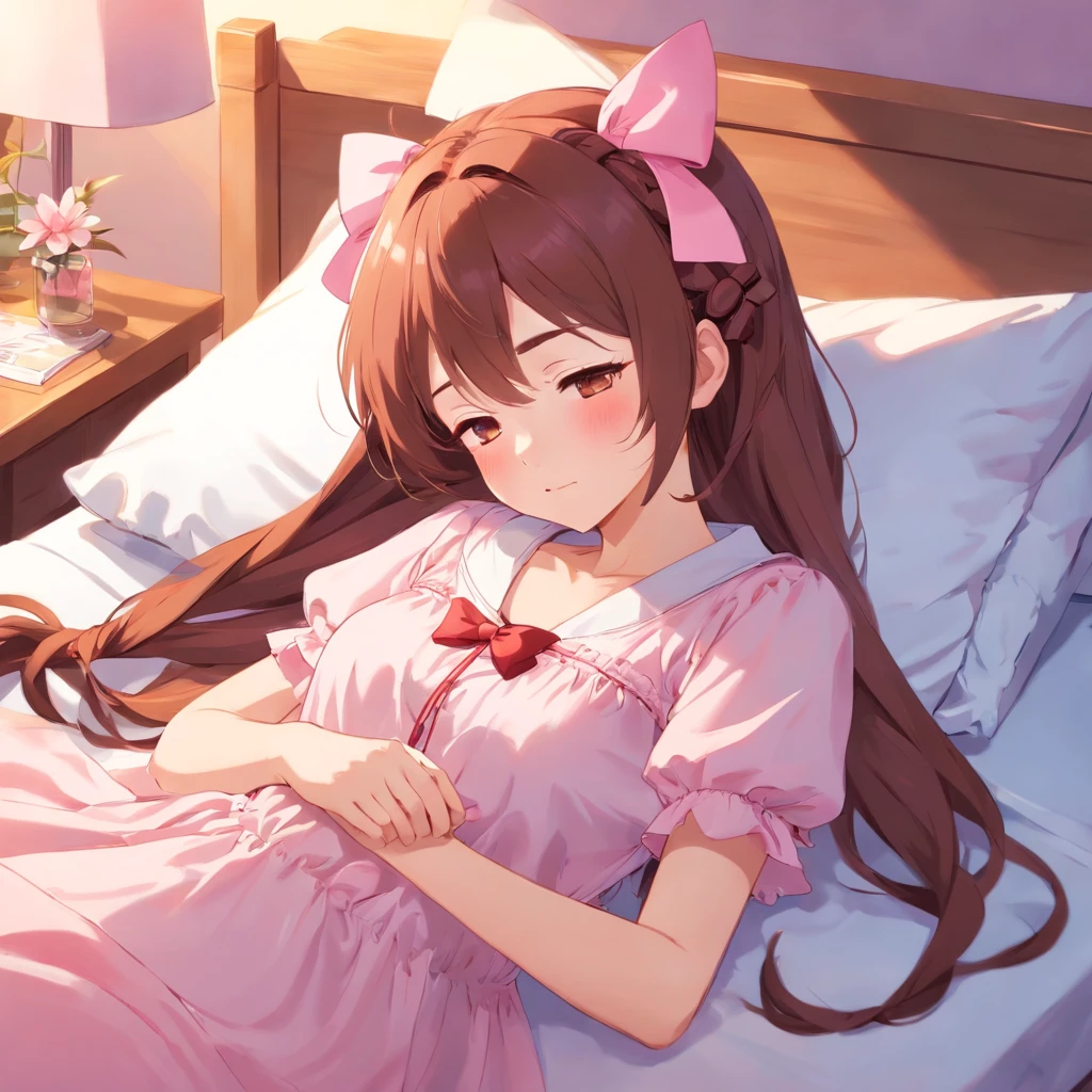 In the photo, an anime girl lying in bed. She has long reddish-brown hair, tied into two braids. She has big green eyes and small pink lips. She was wearing a light pink nightgown. On her head there is a red bow.

Here are some specifics about the photo::

* The girl was lying on her side on the bed, head resting on the pillow.
* She was closing her eyes and seemed to be asleep.
* Her nightgown had short sleeves and a round neck.
* The bow on her head is heart-shaped.

The photo has a dominant pink tone, creates a feeling of warmth and comfort. The girl in the photo looks beautiful and lovely. The photo can be used as wallpaper or avatar for electronic devices.

Here are some speculations about the content of the photo::

* The girl may be dreaming of something happy.
* She may be resting after a long day.
* She may be waiting for someone or something.