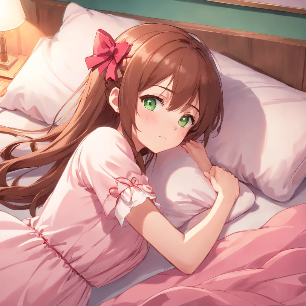 In the photo, an anime girl lying in bed. She has long reddish-brown hair, tied into two braids. She has big green eyes and small pink lips. She was wearing a light pink nightgown. On her head there is a red bow.

Here are some specifics about the photo::

* The girl was lying on her side on the bed, head resting on the pillow.
* She was closing her eyes and seemed to be asleep.
* Her nightgown had short sleeves and a round neck.
* The bow on her head is heart-shaped.

The photo has a dominant pink tone, creates a feeling of warmth and comfort. The girl in the photo looks beautiful and lovely. The photo can be used as wallpaper or avatar for electronic devices.

Here are some speculations about the content of the photo::

* The girl may be dreaming of something happy.
* She may be resting after a long day.
* She may be waiting for someone or something.