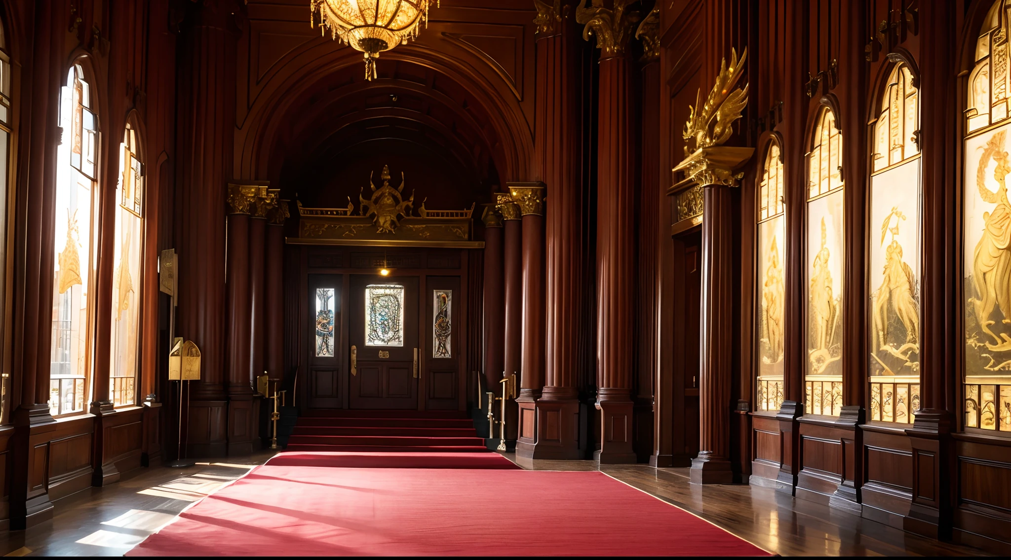 Magnificent atmosphere Quaint court interior Dragon pillar wood carvings Golden splendor Red wood carved gatehouse Red carpet